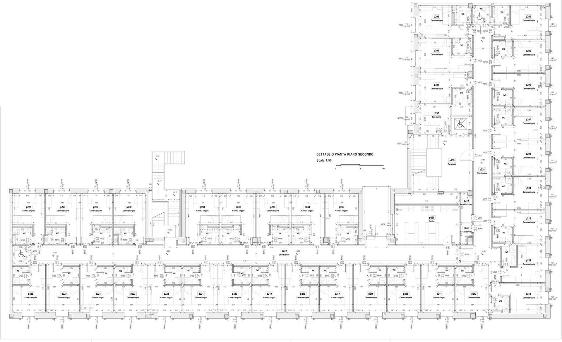 Technical architectural plan drawing of the second floor of a building intended for student housing, with a central corridor and a modular sequence of single rooms on both sides. The drawing shows the division of the rooms with elevations, furnishings, and private bathrooms for each room, as well as common areas including the kitchen, study room, and vertical distribution with a stairwell and accessible elevator. The service rooms, accessible bathrooms, and the dimensions of the individual rooms are also shown, documenting the functional organization of the floor after the renovation.
