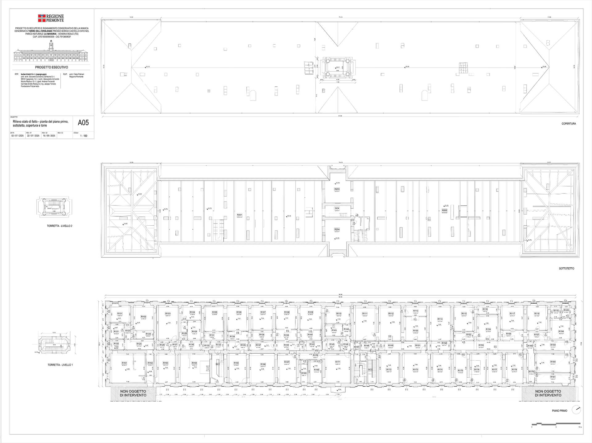 Tavola tecnica architettonica con rilievo quotato del piano primo, del sottotetto e della copertura di un edificio storico, comprensiva di pianta della torretta e indicazione dei locali e delle aree non oggetto di intervento.