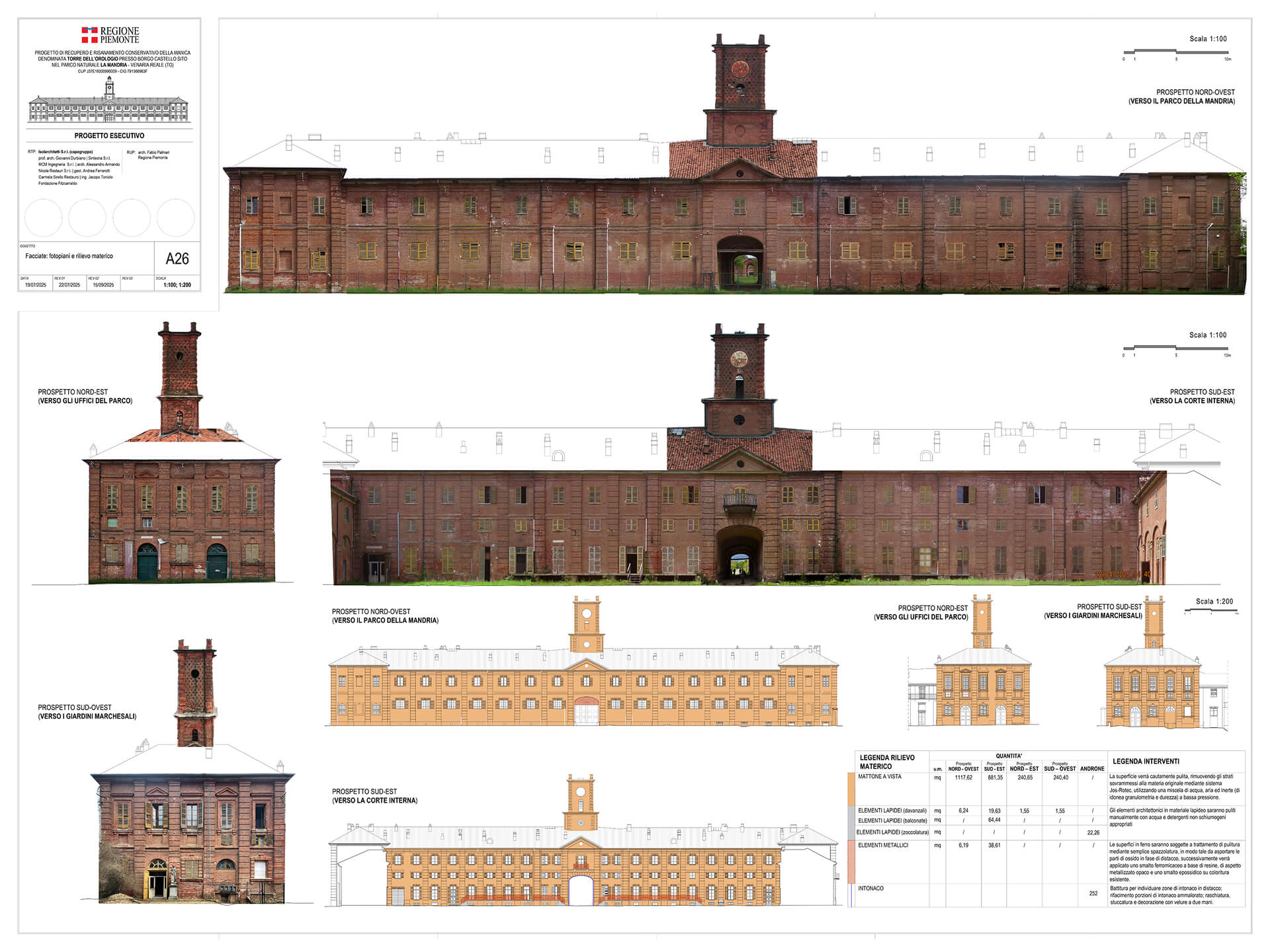 Tavola tecnica di progetto con prospetti architettonici di un edificio storico in mattoni con torre dell’orologio centrale, che mostra fotografie delle facciate, disegni quotati e schemi degli interventi di restauro per i diversi lati dell’edificio.