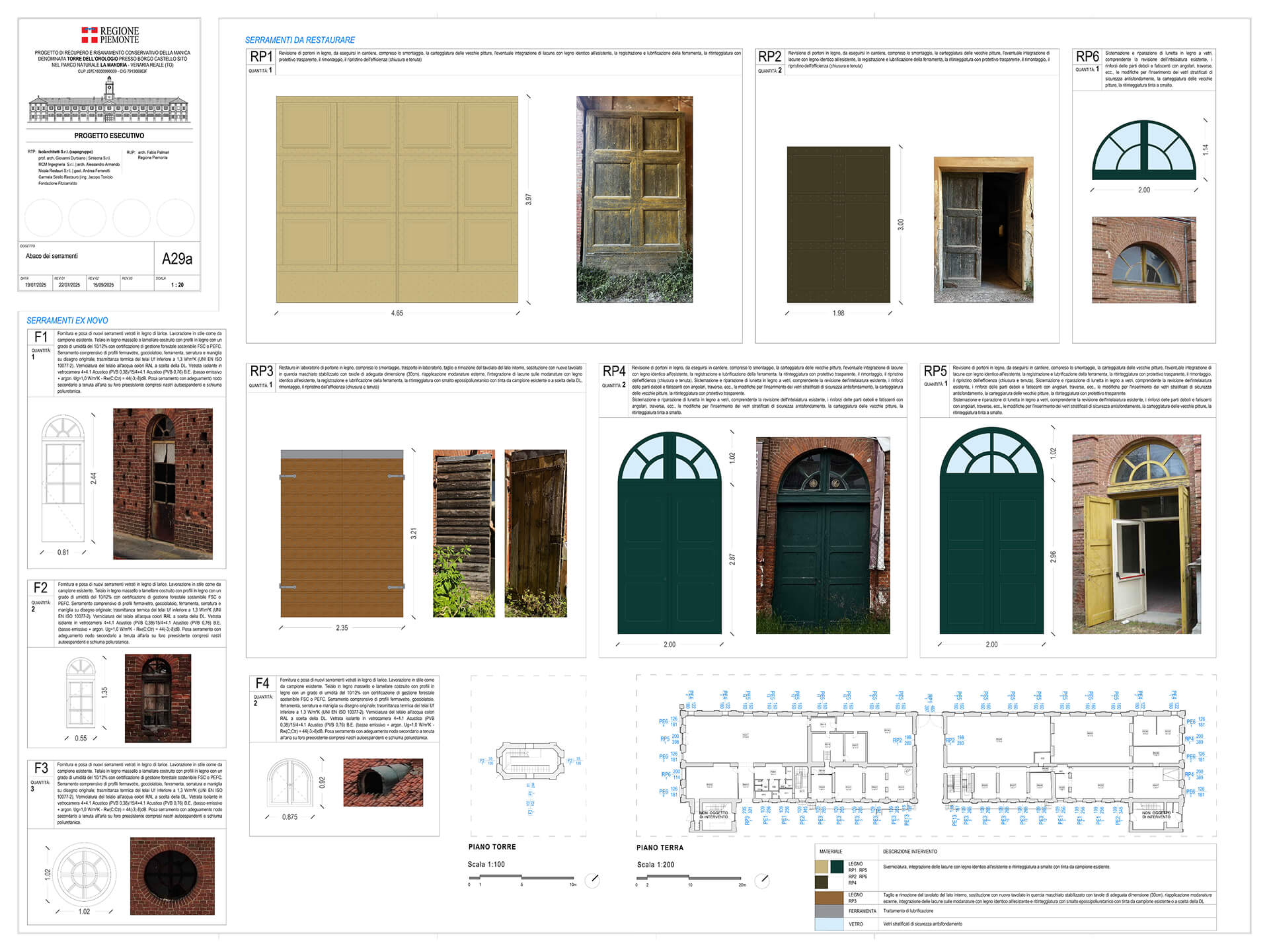 Tavola tecnica di progetto dedicata ai serramenti di un edificio storico, con schede di restauro di porte e finestre in legno (RP1–RP5), disegni quotati, fotografie dello stato esistente e planimetrie che indicano la posizione degli interventi.