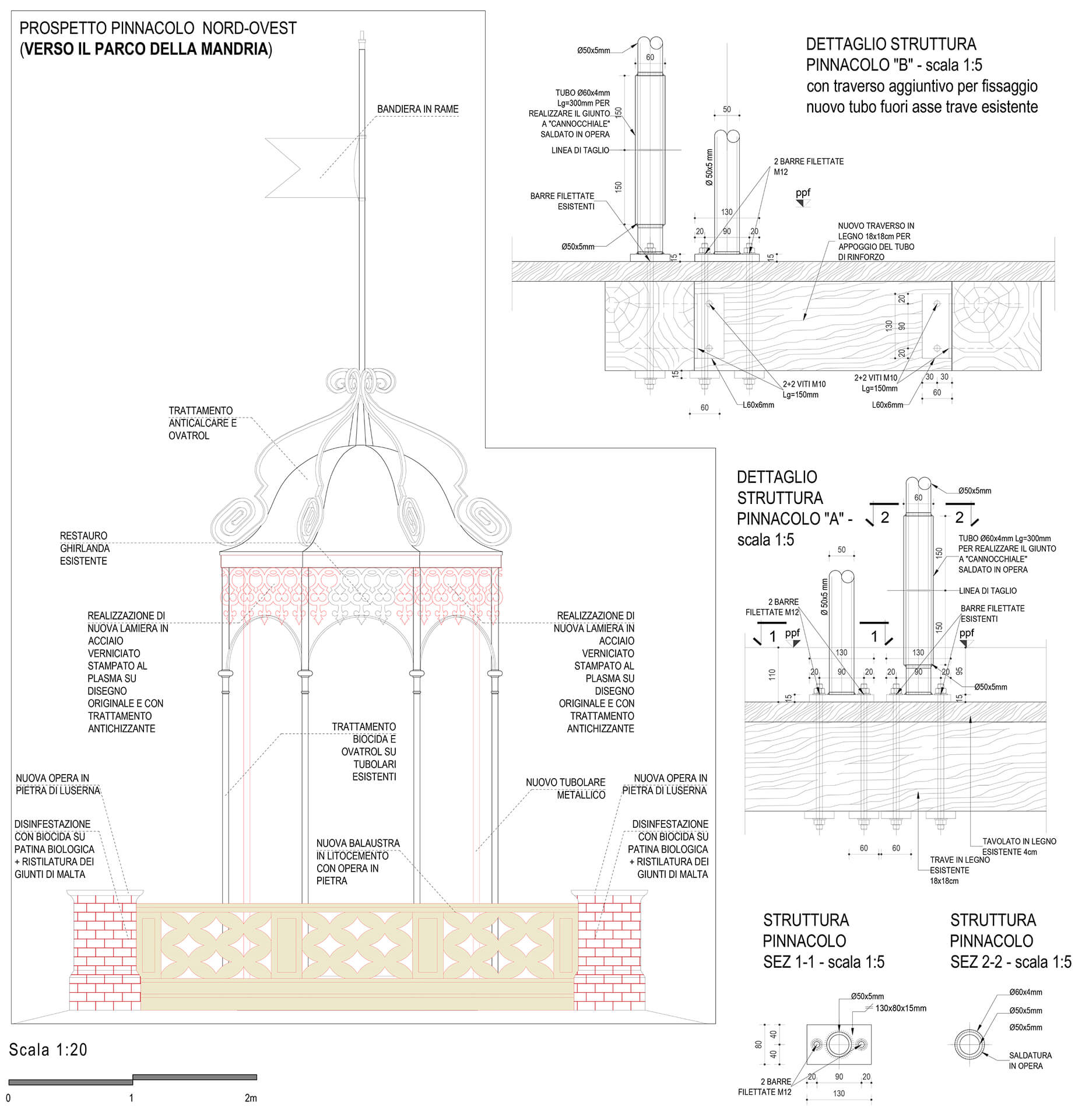 Disegno tecnico di restauro di un pinnacolo architettonico con bandiera in rame, con prospetto quotato, sezioni costruttive e dettagli strutturali che illustrano gli interventi su elementi metallici, balaustra e base in pietra.