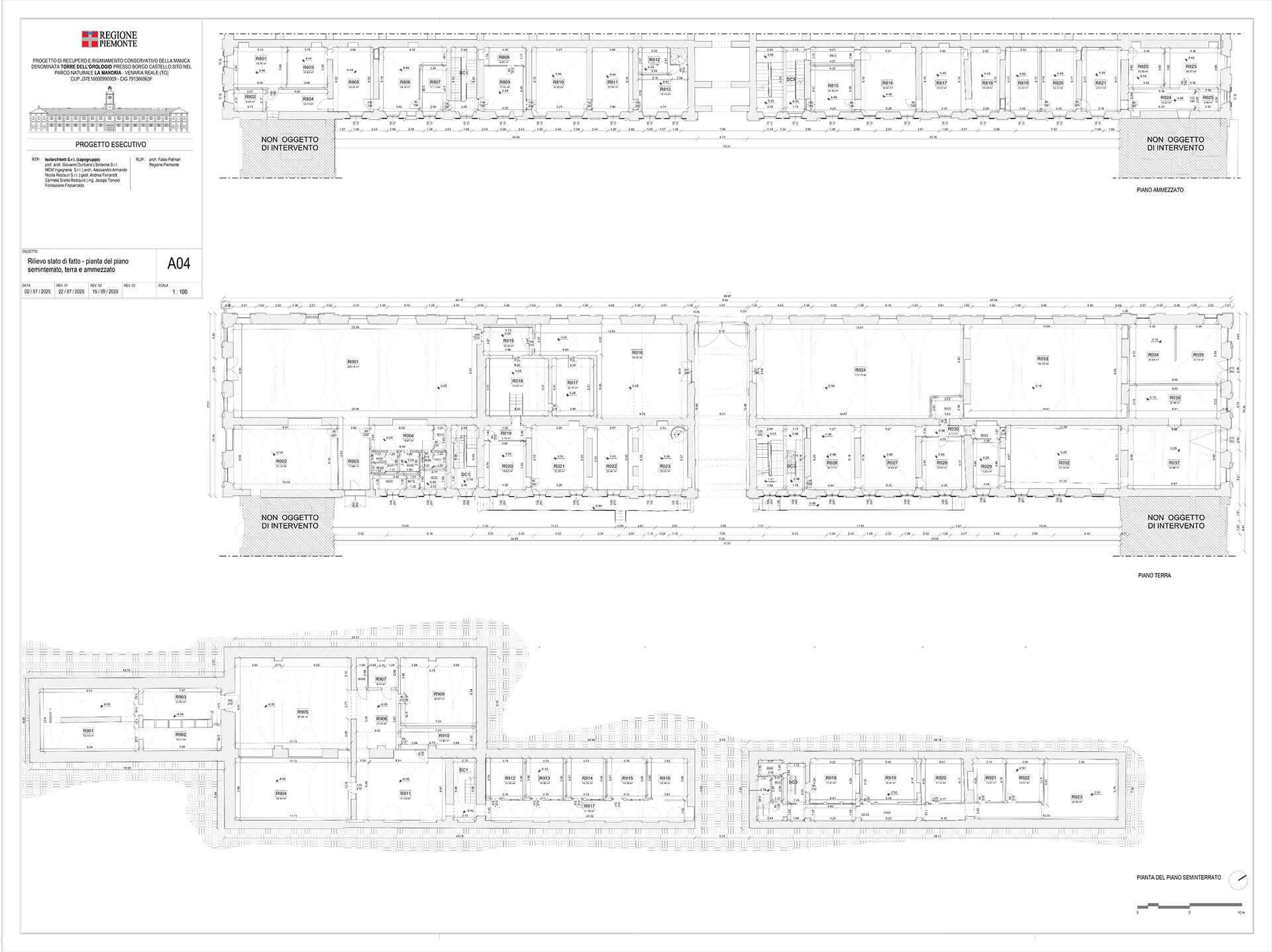Tavola tecnica architettonica con planimetrie quotate di un edificio storico ai diversi livelli — piano ammezzato, piano terra e piano seminterrato — con indicazione dei locali, delle dimensioni e delle aree non oggetto di intervento.