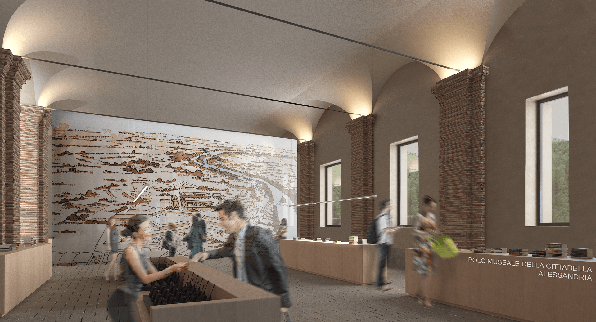Ampia sala museale con soffitti a volta e colonne in mattoni a vista, grandi pannelli espositivi in legno e parete decorata con mappa illustrata; visitatori in movimento consultano materiali informativi e si avvicinano al banco accoglienza con la scritta “Polo Museale della Cittadella Alessandria”.