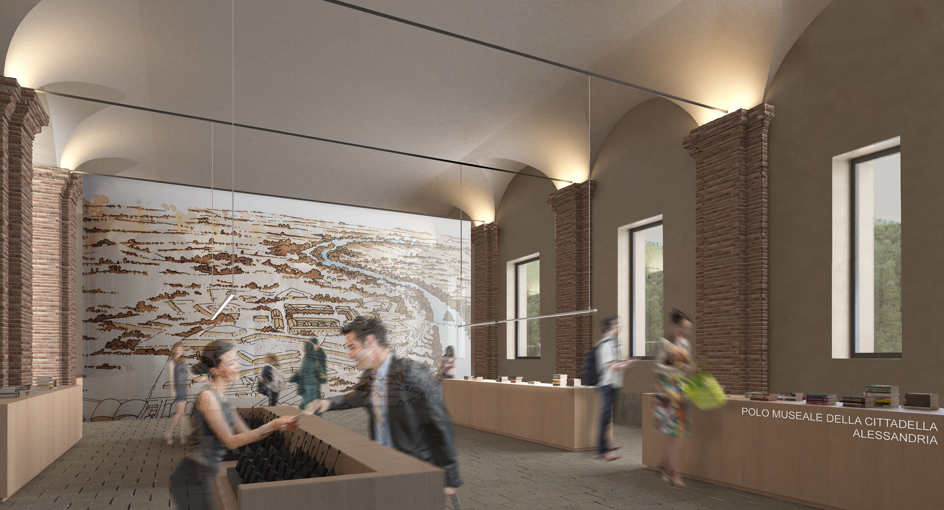 Ampia sala museale con soffitti a volta e colonne in mattoni a vista, grandi pannelli espositivi in legno e parete decorata con mappa illustrata; visitatori in movimento consultano materiali informativi e si avvicinano al banco accoglienza con la scritta “Polo Museale della Cittadella Alessandria”.