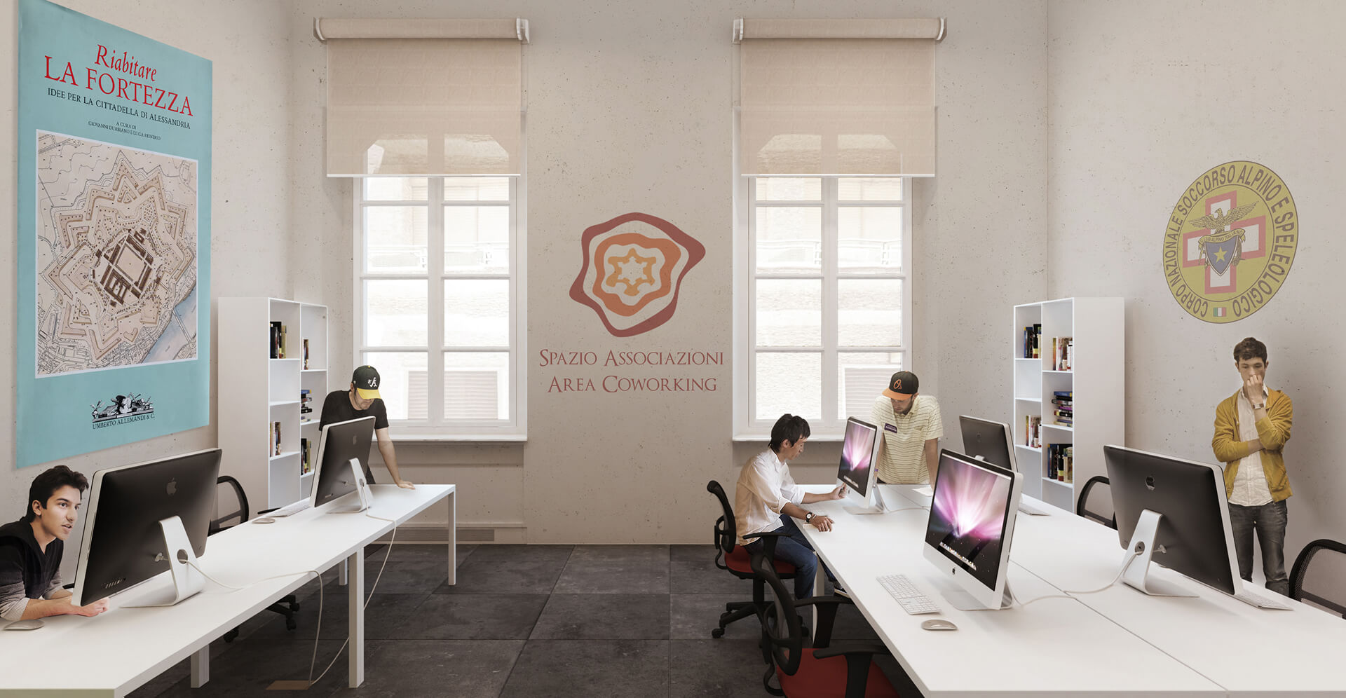 A bright coworking space with computer stations at white tables, side shelves, and two central windows. The walls feature informational posters about the Citadel of Alessandria and the words "Spazio Associazioni Area Coworking." A few people are sitting or standing while working at their monitors.