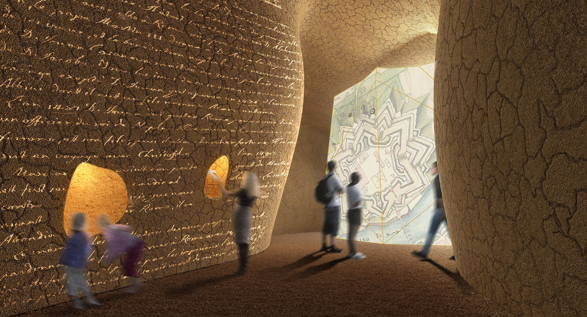 An immersive exhibition space with curved walls and textured surfaces, illuminated by projections of handwritten texts. At the center is a large panel featuring a star map of the fortress, while visitors in motion observe and interact with the installations.