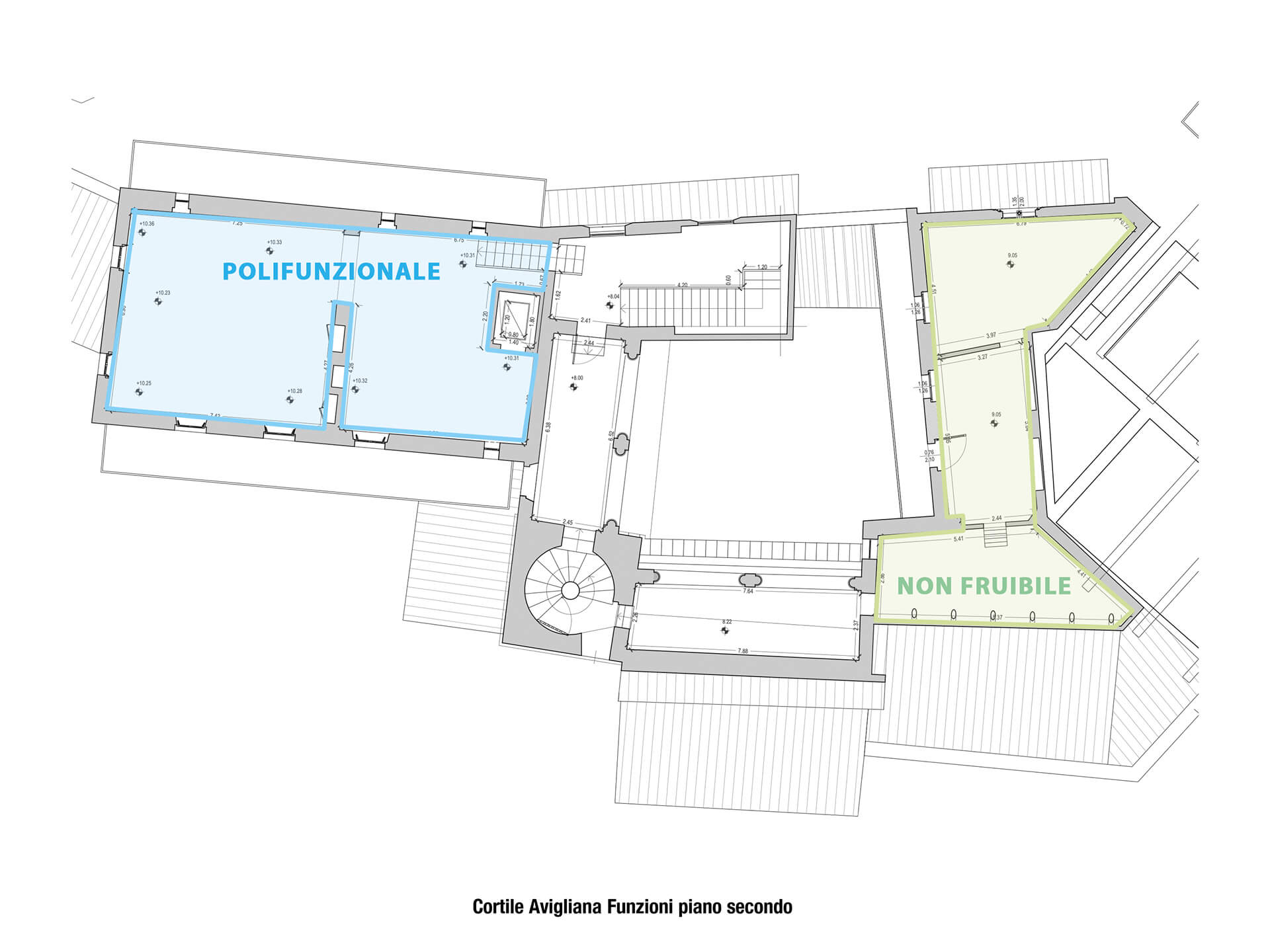 Functional plan of the second floor of a historic complex with a central courtyard, with color-coded intended uses within the existing layout. The main rooms are designated as a multipurpose hall and support spaces, while a portion of the building is designated as non-usable. The technical drawing shows the relationship between the new uses and the original masonry structure, the vertical connections with the staircase and elevator, and the layout of the rooms along the perimeter of the internal courtyard, highlighting the integration of the new functions within the historic architectural structure.