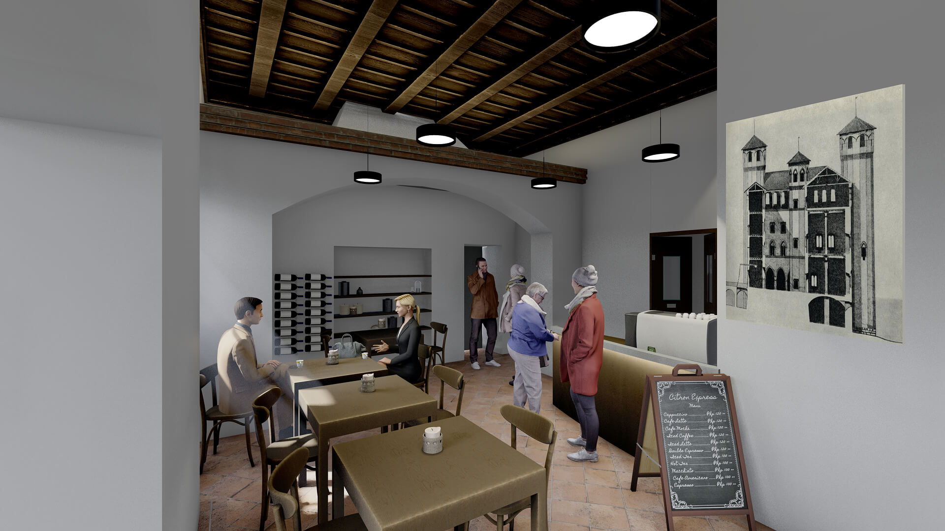 A restored interior with exposed wooden beams and planks, plastered walls, and terracotta flooring, designed as a refreshment area within a renovated historic building. The space is furnished with contemporary tables and chairs, a bar counter, and shelving integrated into a wall niche, while pendant lighting highlights the original attic structure. The presence of visitors and service elements suggests the space's new public use, where the contemporary intervention integrates with the preserved and enhanced historic architectural features.