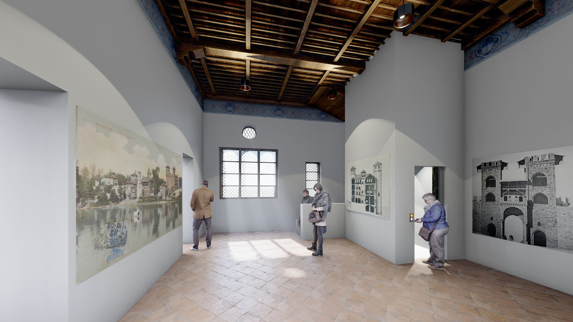 Restored interior with terracotta flooring, plastered walls, and a wooden ceiling with exposed beams and planks and a decorative perimeter band, used as an exhibition space within a renovated historic building. The walls are hung with historical prints and reproductions of the building and its urban context, illuminated by natural light from a metal grated window. The presence of visitors and information displays suggests the space is intended as a museum, where the contemporary layout complements the original architectural elements, which have been preserved and enhanced.