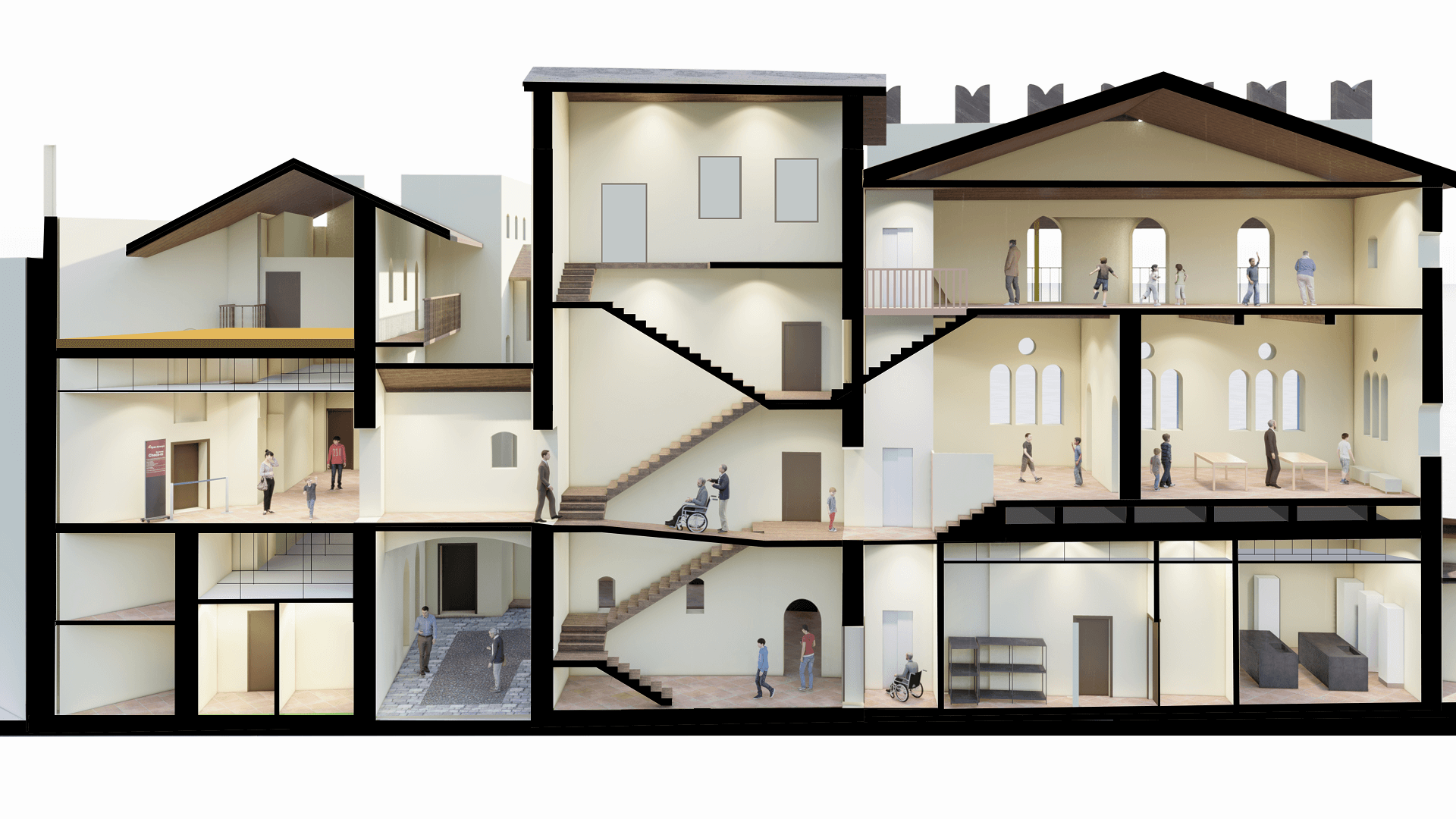 Sezione prospettica tridimensionale dell’edificio che mostra la distribuzione interna su più livelli, con scale, sale espositive e spazi di servizio frequentati dai visitatori.