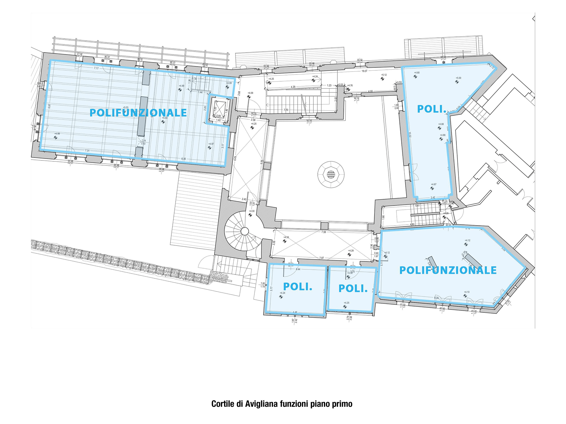 Planimetria funzionale del primo piano del complesso con evidenziate diverse sale polifunzionali distribuite attorno al cortile centrale.
