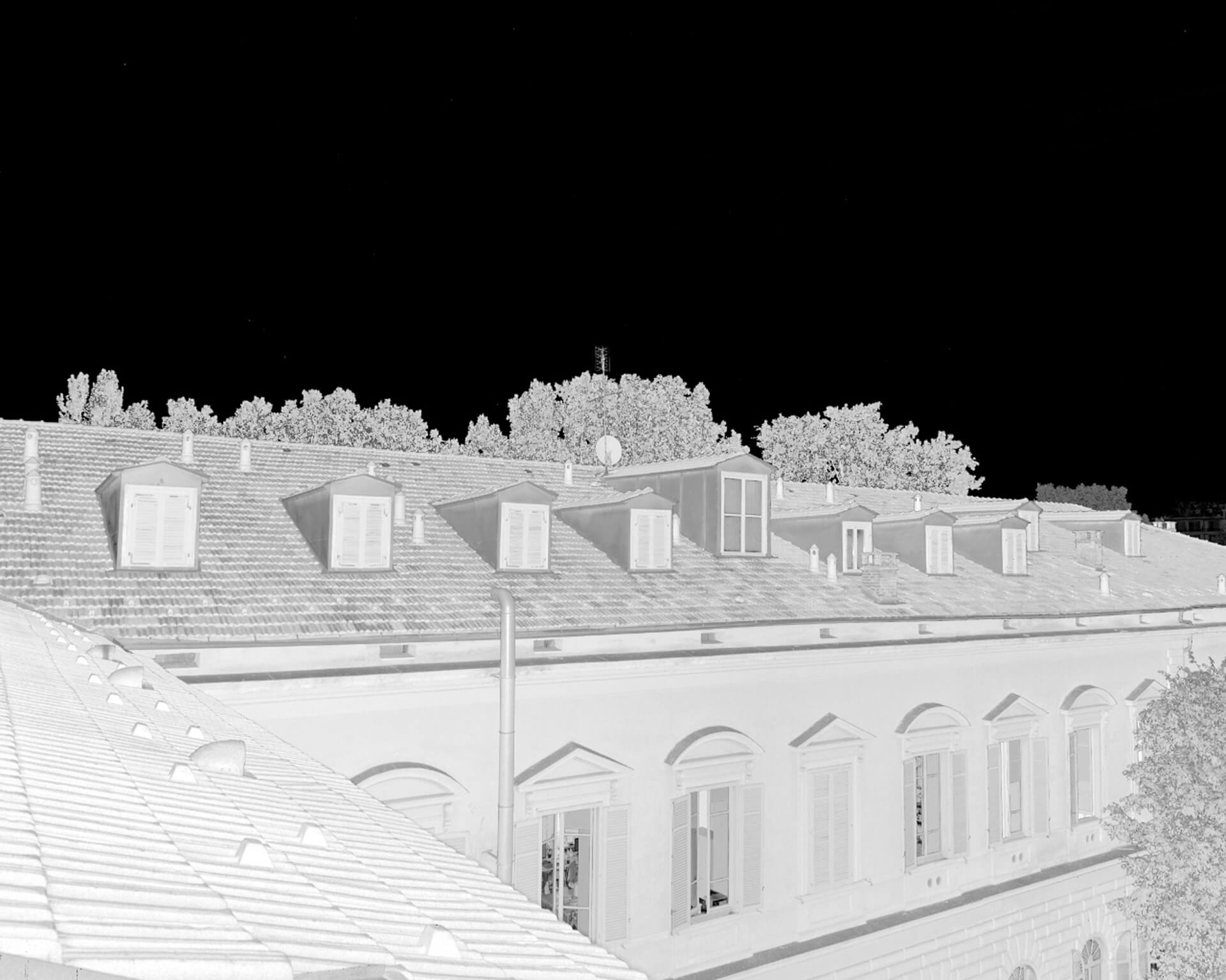 Vista delle coperture di edificio storico con tetto a falde in coppi e abbaini allineati lungo il colmo, rappresentata in immagine monocromatica ad alto contrasto utilizzata per analisi tecnica o rilievo digitale. La facciata sottostante presenta aperture regolari con cornici modanate e persiane, mentre sullo sfondo si intravedono alberature e il profilo urbano. L’immagine ha carattere di elaborato tecnico, probabilmente derivato da scansione o modello tridimensionale, utilizzato per lo studio delle geometrie della copertura e del contesto architettonico esistente.