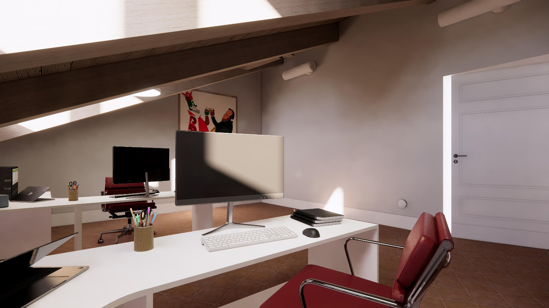Vista interna di ambiente ad uso ufficio ricavato nel sottotetto di un edificio oggetto di intervento di recupero. Lo spazio è caratterizzato da copertura inclinata con struttura lignea a vista e tavolato in legno, con pareti intonacate di colore chiaro. L’illuminazione naturale proviene da aperture poste lungo la falda, integrata da corpi illuminanti lineari fissati alla parete. Il pavimento è in piastrelle di cotto. In primo piano è presente una postazione di lavoro contemporanea composta da scrivania bianca con monitor, tastiera e accessori da ufficio, affiancata da seduta operativa imbottita di colore rosso con struttura metallica. Sullo sfondo si intravede una seconda postazione analoga e un elemento decorativo a parete in stile grafico vintage. L’intervento evidenzia l’inserimento di arredi moderni all’interno di un involucro storico recuperato, con destinazione a funzioni direzionali e amministrative nei locali sottotetto.