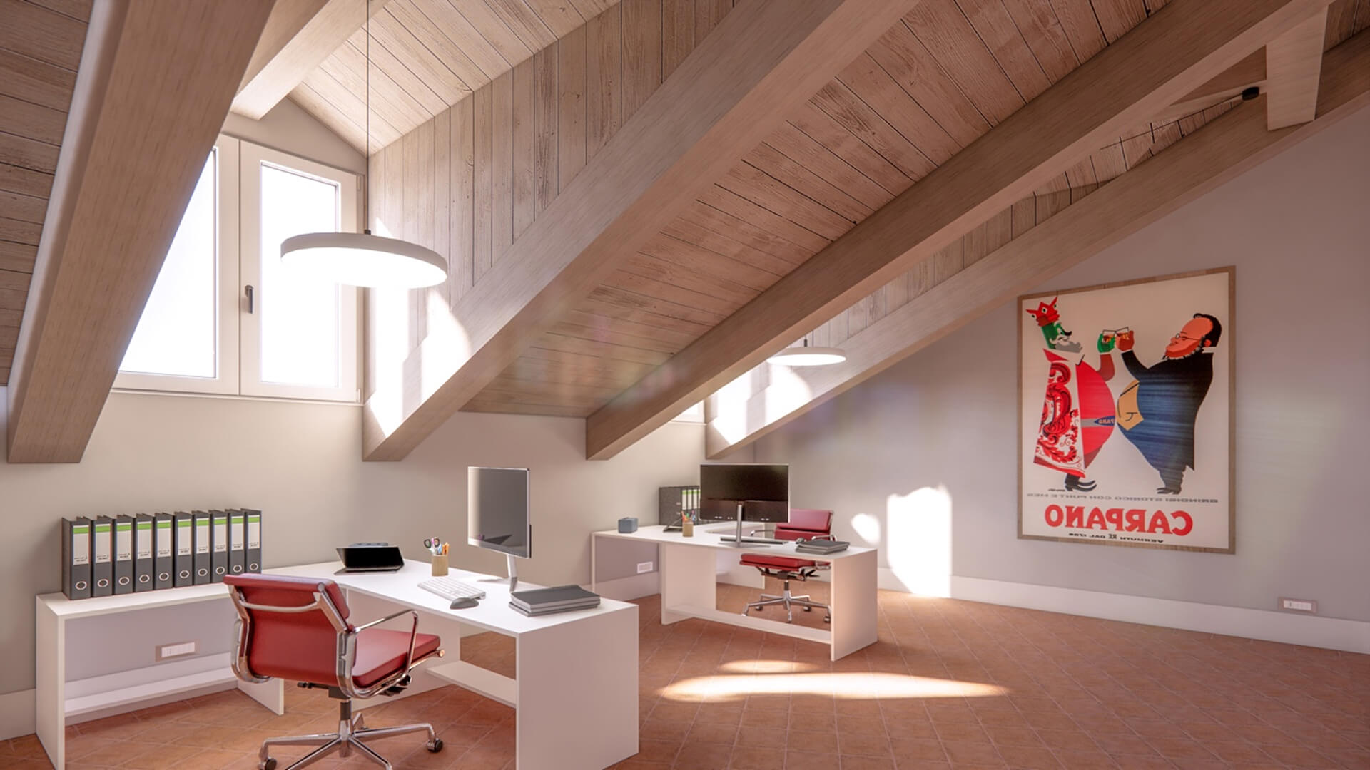 Ambiente interno sottotetto riqualificato con copertura inclinata in legno a travi e tavolato a vista, illuminato da finestre poste lungo la falda. Lo spazio è arredato come ufficio con scrivanie, sedute operative e scaffalature, su pavimentazione in cotto e pareti intonacate chiare. L’intervento mostra il recupero del volume di copertura con inserimento di elementi contemporanei e illuminazione sospesa, mantenendo la struttura lignea esistente. La scena, rappresentata come rendering di progetto, evidenzia l’adattamento funzionale del sottotetto a spazio di lavoro all’interno di edificio storico.