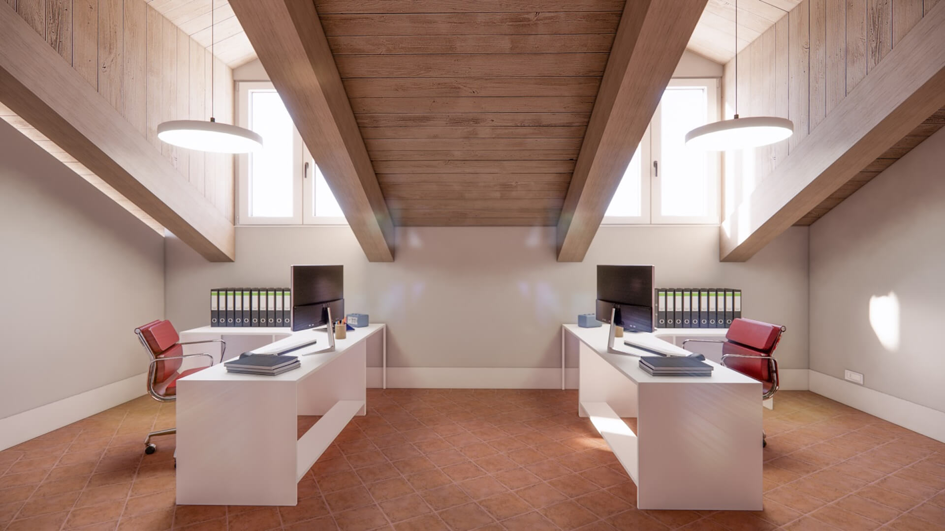 Ambiente sottotetto riqualificato con copertura inclinata in legno a travi e tavolato a vista, illuminato da finestre poste lungo le falde del tetto. Lo spazio è organizzato come ufficio con due postazioni di lavoro simmetriche, scrivanie bianche, sedute operative e scaffalature per raccoglitori, su pavimentazione in cotto e pareti intonacate chiare. L’intervento rappresenta il recupero del volume di copertura con inserimento di arredi contemporanei e illuminazione sospesa, mantenendo la struttura lignea esistente e valorizzando la luce naturale. Rendering di progetto che mostra l’adattamento funzionale del sottotetto all’interno di edificio storico.