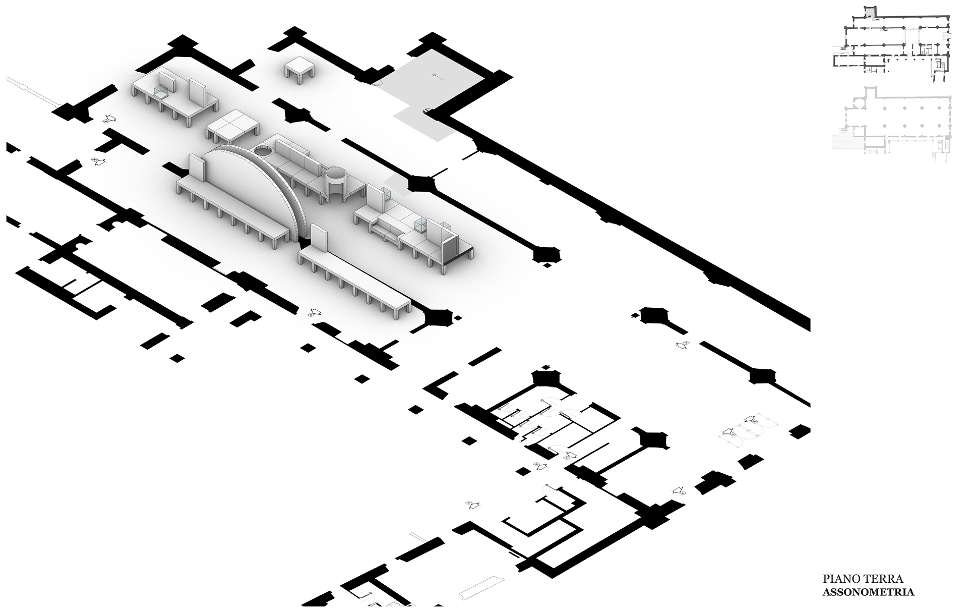 Assonometria del piano terra con schema tridimensionale degli spazi e dell’arredo, inserita sulla pianta dell’edificio per mostrare la disposizione delle aree comuni.