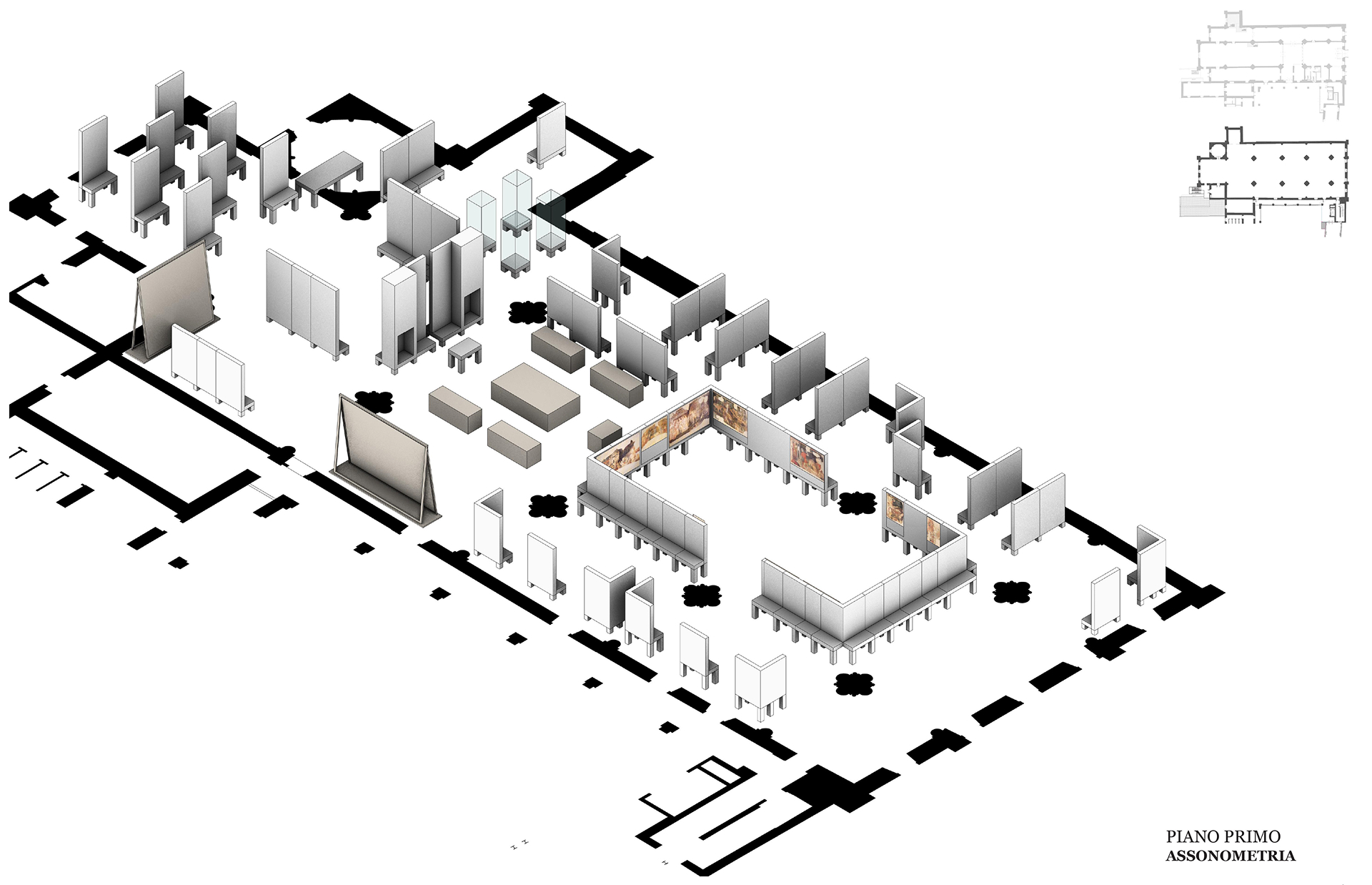 Axonometric projection of the first floor with a three-dimensional arrangement of display panels, seating, and central spaces for activities and meetings, superimposed on the building's plan.