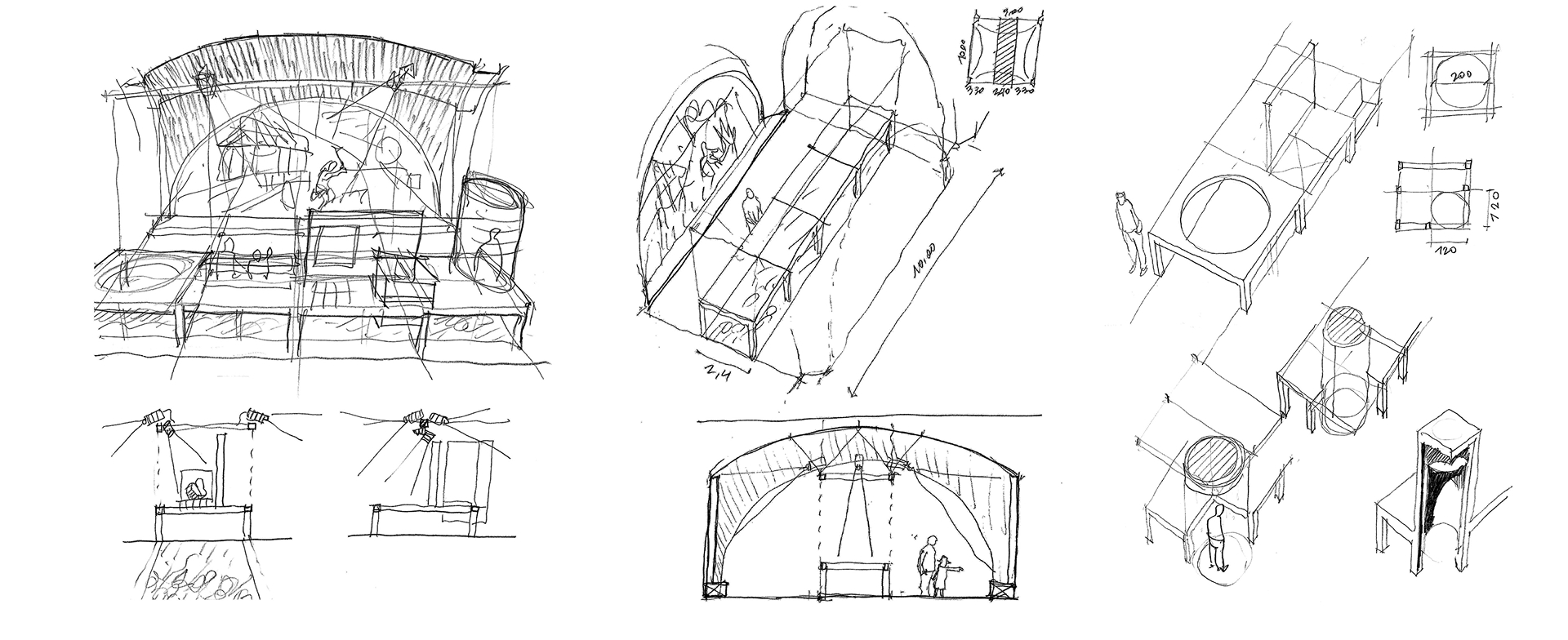 Conceptual sketches and preliminary studies of an exhibition installation with an arched structure, modular tables, and cylindrical elements; the drawings show perspective views, cross-sections, and approximate dimensions of the space and furnishings.