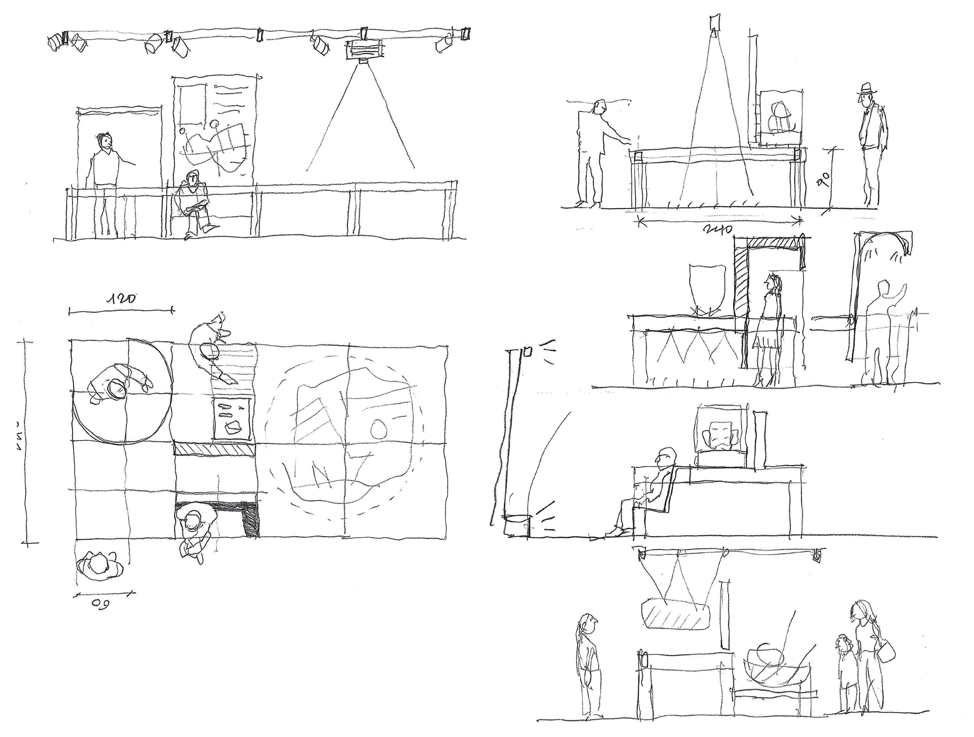 Design sketches with plan, elevation, and section views illustrating the concept of an interactive exhibition space with tables, installations, and observation points for visitors.
