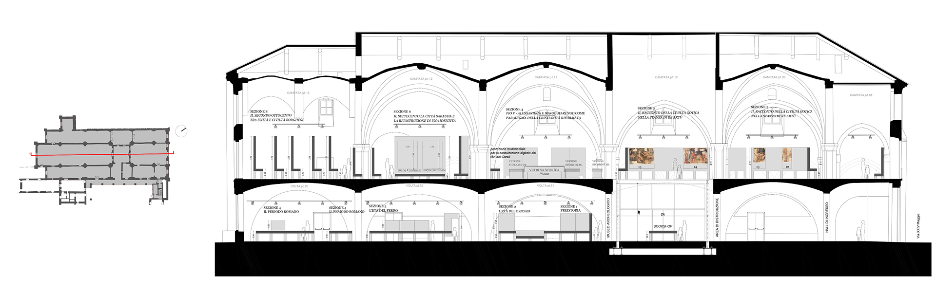 Longitudinal architectural section of the building showing the different exhibition levels with vaults, museum installations and visitor routes, accompanied by the plan indicating the section line.