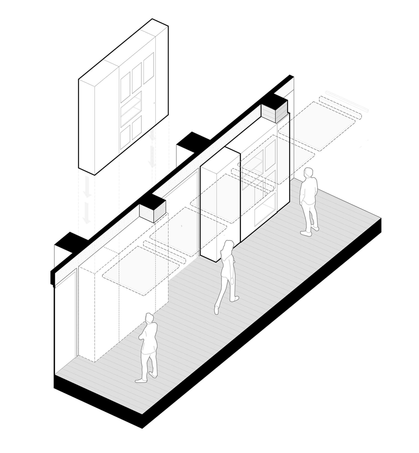 Schema assonometrico di studio relativo al sistema espositivo modulare progettato per l’allestimento museale, rappresentato mediante disegno tecnico semplificato in bianco e nero. La vista mostra una parete attrezzata composta da pannellature verticali integrate con teche incassate e moduli espositivi, affiancata da elementi autonomi in posizione arretrata, destinati a contenere vetrine o supporti informativi. Il disegno evidenzia la struttura costruttiva dell’allestimento attraverso una rappresentazione esplosa, nella quale alcuni componenti sono mostrati in posizione arretrata o sospesa per illustrare il sistema di montaggio e la stratigrafia degli elementi. Sono distinguibili il rivestimento frontale, i volumi contenitori interni, i supporti per le teche e i pannelli superiori destinati all’integrazione degli impianti illuminotecnici. La presenza di figure umane stilizzate consente di leggere la scala dell’intervento e la modalità di fruizione da parte dei visitatori lungo il percorso espositivo. La pavimentazione è rappresentata con texture lineare per indicare la continuità del piano di calpestio, mentre la parete retrostante definisce il limite architettonico entro cui si inserisce il sistema modulare. L’immagine documenta uno schema progettuale utilizzato per definire l’organizzazione costruttiva e funzionale dell’allestimento museale, finalizzato a coordinare arredi, teche, pannelli informativi e impianti in un unico dispositivo integrato.