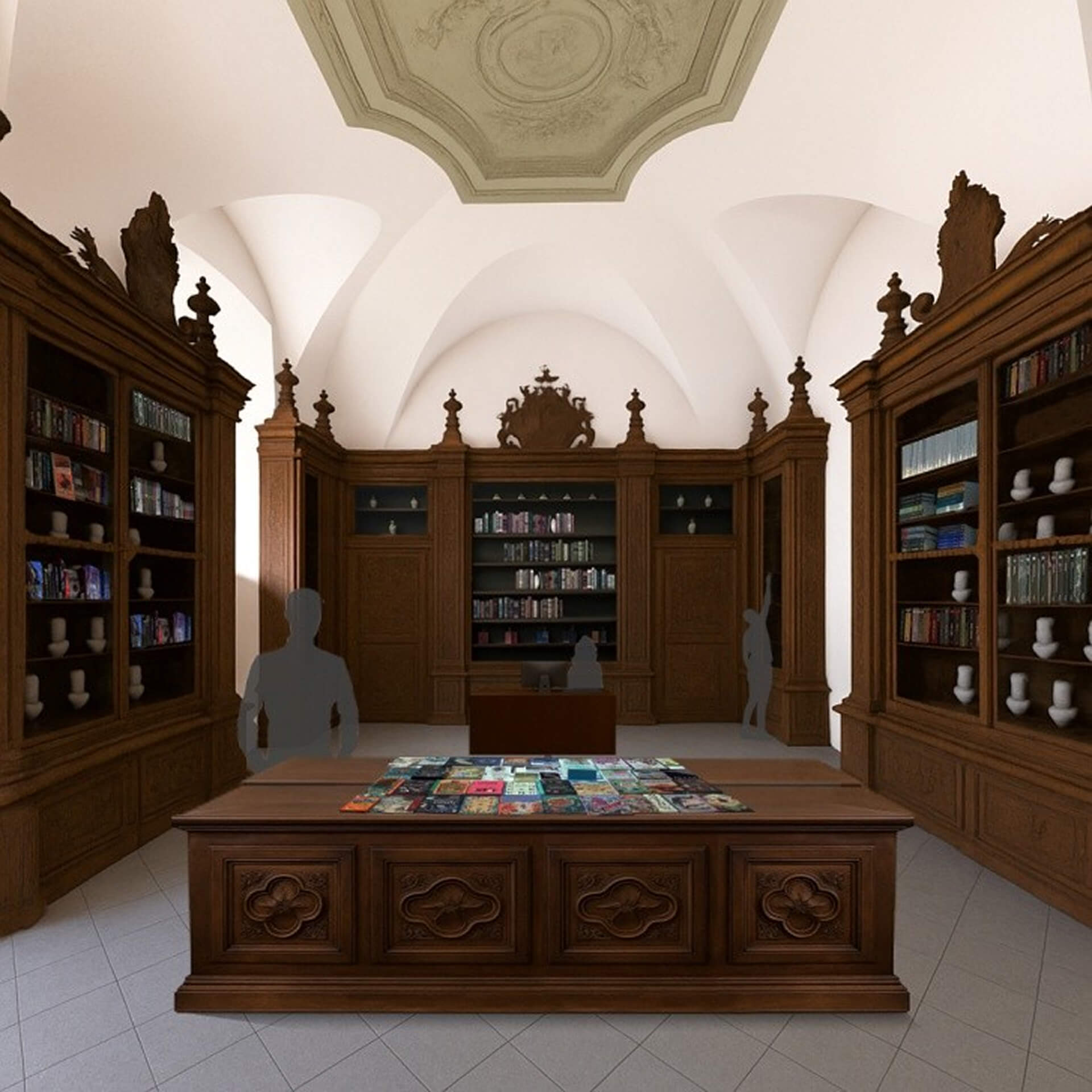 L'immagine rappresenta un ambiente elegante, probabilmente una biblioteca o una sala di lettura, con un'architettura che evoca uno stile classico e raffinato. Ecco alcune caratteristiche chiave: Arredamento in legno: Le scaffalature laterali in legno scuro, con eleganti dettagli intagliati, sono tipiche dello stile barocco o rinascimentale. La presenza di libri e oggetti decorativi, come le anfore sui ripiani, arricchisce l'atmosfera classica. Arco e soffitto affrescato: Il soffitto a volta con affreschi decorativi è un altro segno distintivo di un ambiente storico, dove l'arte e l'architettura si intrecciano per creare un'atmosfera imponente. Arredi centrali: Il tavolo al centro, con libri aperti sopra di esso, suggerisce l'uso dello spazio come area di lettura o studio. La disposizione dei libri e dei materiali visibili crea una sensazione di ordine e cultura. Illuminazione naturale e spaziosità: La luce che entra dalle finestre, non visibili ma implicite nell'illuminazione dell'ambiente, crea un'atmosfera serena e accogliente, accentuando la bellezza degli arredi e dei dettagli architettonici. Siluette umane stilizzate: Le figure stilizzate di persone che si trovano all'interno della stanza suggeriscono l'uso attivo di questo spazio, forse come biblioteca o luogo di ritrovo culturale. In generale, l'immagine trasmette una sensazione di eleganza senza tempo, combinando una tradizione architettonica classica con un design moderno per creare un ambiente funzionale e raffinato.
