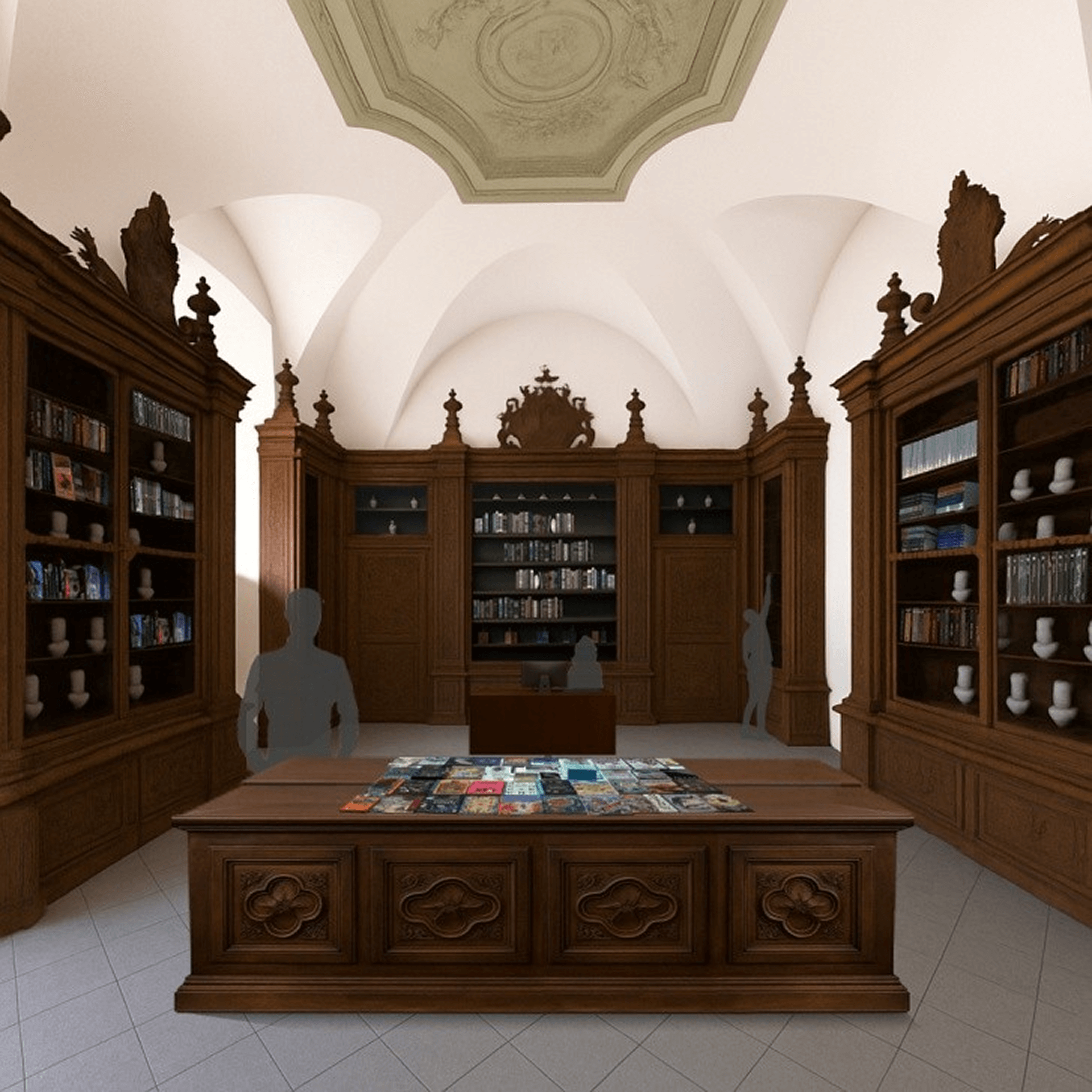 L'immagine rappresenta un ambiente elegante, probabilmente una biblioteca o una sala di lettura, con un'architettura che evoca uno stile classico e raffinato. Ecco alcune caratteristiche chiave: Arredamento in legno: Le scaffalature laterali in legno scuro, con eleganti dettagli intagliati, sono tipiche dello stile barocco o rinascimentale. La presenza di libri e oggetti decorativi, come le anfore sui ripiani, arricchisce l'atmosfera classica. Arco e soffitto affrescato: Il soffitto a volta con affreschi decorativi è un altro segno distintivo di un ambiente storico, dove l'arte e l'architettura si intrecciano per creare un'atmosfera imponente. Arredi centrali: Il tavolo al centro, con libri aperti sopra di esso, suggerisce l'uso dello spazio come area di lettura o studio. La disposizione dei libri e dei materiali visibili crea una sensazione di ordine e cultura. Illuminazione naturale e spaziosità: La luce che entra dalle finestre, non visibili ma implicite nell'illuminazione dell'ambiente, crea un'atmosfera serena e accogliente, accentuando la bellezza degli arredi e dei dettagli architettonici. Siluette umane stilizzate: Le figure stilizzate di persone che si trovano all'interno della stanza suggeriscono l'uso attivo di questo spazio, forse come biblioteca o luogo di ritrovo culturale. In generale, l'immagine trasmette una sensazione di eleganza senza tempo, combinando una tradizione architettonica classica con un design moderno per creare un ambiente funzionale e raffinato.