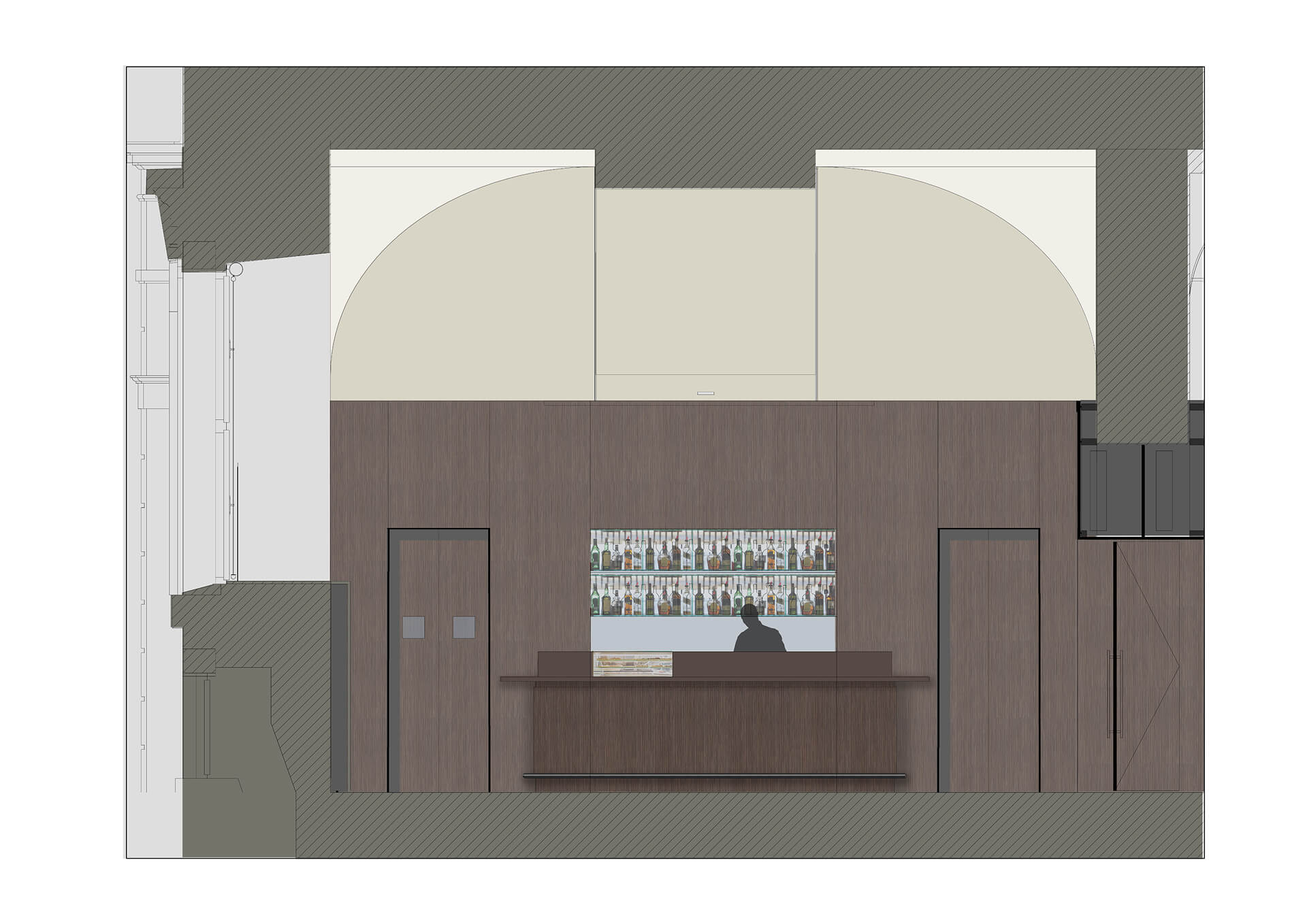 L'immagine mostra un progetto architettonico in sezione di un'area bar. Ecco un'analisi dei dettagli: Semplicità e eleganza: Il bar è progettato con pareti in legno scuro, che danno un tocco elegante ma sobrio. La parte centrale è dominata dal bancone con una vetrina visibile per esporre bottiglie di alcolici, mentre il muro sopra la vetrina sembra essere in tonalità chiara, probabilmente per contrastare con il legno scuro e illuminare meglio l'ambiente. Arco e soffitto: Il soffitto ha un design a volta, con un arco che corre lungo la parte superiore, una scelta che potrebbe richiamare l'architettura classica, creando una sensazione di ampiezza e bellezza nel design. Disposizione funzionale: Dietro il bancone ci sono delle porte che potrebbero indicare l'accesso a spazi di servizio o magazzini. La posizione strategica del bancone e delle porte suggerisce un flusso di lavoro efficiente per il personale. Arredamento semplice e minimalista: L'arredo sembra essere minimalista, con linee pulite, e l'assenza di decorazioni eccessive permette di concentrarsi sull'aspetto funzionale e sull'atmosfera che questo spazio intende creare. La parte inferiore del bancone sembra essere senza sedute, suggerendo che il design è orientato principalmente all'interazione con il personale del bar. Spazio ben illuminato: L'illuminazione è ben progettata con faretti installati sopra l'area del bancone, concentrando la luce sugli elementi chiave del bar e creando un'atmosfera accogliente.