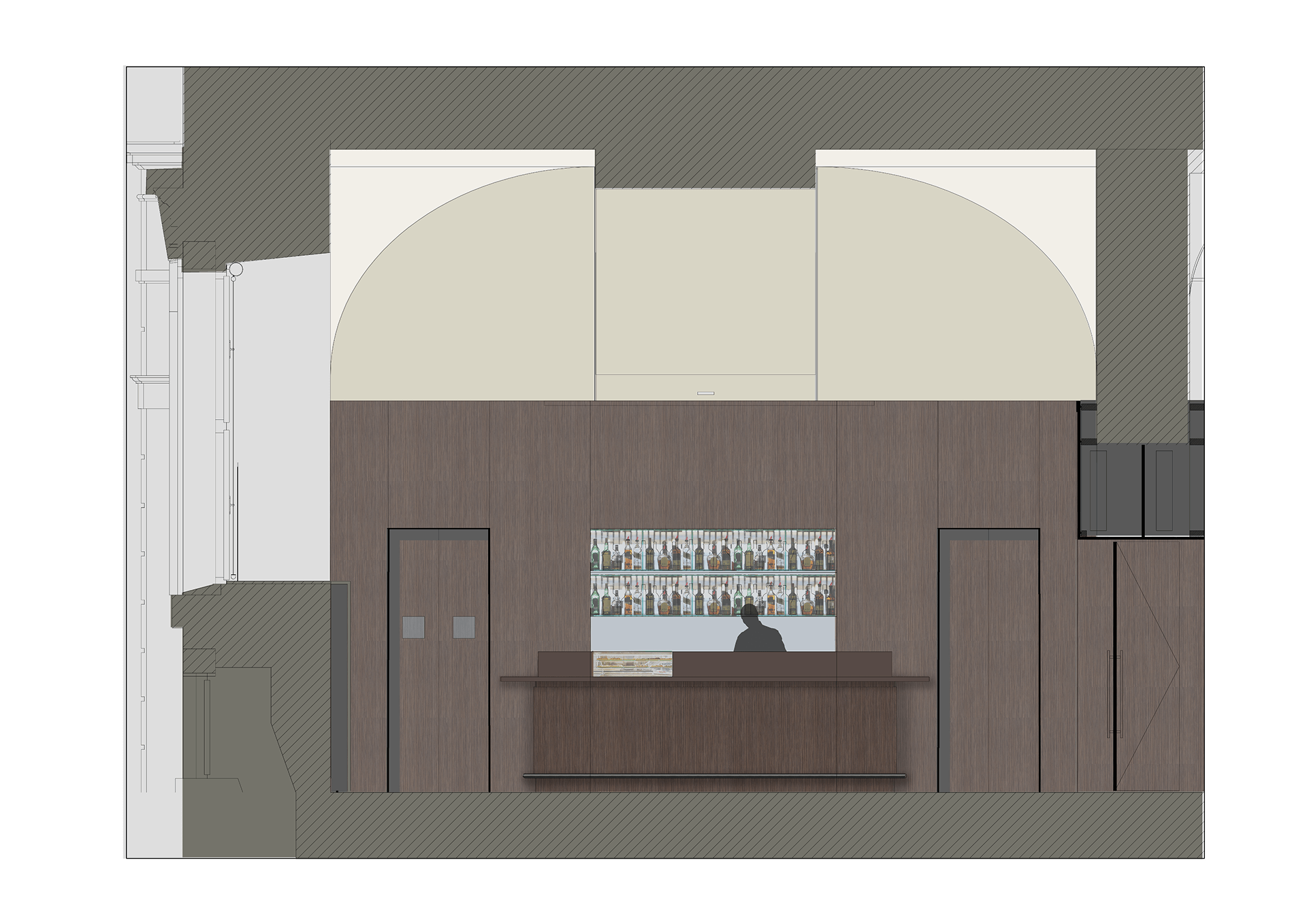 L'immagine mostra un progetto architettonico in sezione di un'area bar. Ecco un'analisi dei dettagli: Semplicità e eleganza: Il bar è progettato con pareti in legno scuro, che danno un tocco elegante ma sobrio. La parte centrale è dominata dal bancone con una vetrina visibile per esporre bottiglie di alcolici, mentre il muro sopra la vetrina sembra essere in tonalità chiara, probabilmente per contrastare con il legno scuro e illuminare meglio l'ambiente. Arco e soffitto: Il soffitto ha un design a volta, con un arco che corre lungo la parte superiore, una scelta che potrebbe richiamare l'architettura classica, creando una sensazione di ampiezza e bellezza nel design. Disposizione funzionale: Dietro il bancone ci sono delle porte che potrebbero indicare l'accesso a spazi di servizio o magazzini. La posizione strategica del bancone e delle porte suggerisce un flusso di lavoro efficiente per il personale. Arredamento semplice e minimalista: L'arredo sembra essere minimalista, con linee pulite, e l'assenza di decorazioni eccessive permette di concentrarsi sull'aspetto funzionale e sull'atmosfera che questo spazio intende creare. La parte inferiore del bancone sembra essere senza sedute, suggerendo che il design è orientato principalmente all'interazione con il personale del bar. Spazio ben illuminato: L'illuminazione è ben progettata con faretti installati sopra l'area del bancone, concentrando la luce sugli elementi chiave del bar e creando un'atmosfera accogliente.