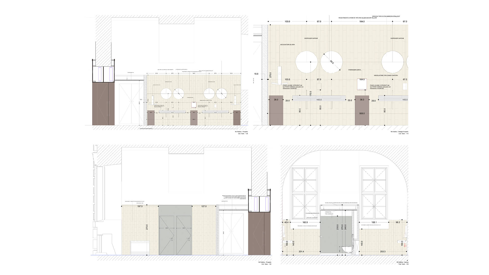 Il disegno tecnico in mostra rappresenta diverse viste e sezioni di un ambiente, probabilmente un'area di servizio o un laboratorio, con dettagli strutturali e funzionali. Ecco una breve analisi: Piani e Sezioni: Il piano superiore mostra la disposizione di diverse aree, inclusi disposti elementi come lavandini, dispenser e una sezione con dimensioni indicate per pareti e pavimento. Il disegno rivela un'attenzione ai dettagli nella disposizione e nell'accessibilità. Accessibilità e distribuzione: La presenza di porte e separazioni indicano un'area ben suddivisa. Ci sono diverse aree distinte, tra cui una con un ampio passaggio, suggerendo un ambiente che potrebbe avere bisogno di separare diverse attività (come il lavaggio o l'archiviazione). Materiali e finiture: Si nota l'uso di pavimentazioni regolari, probabilmente piastrelle, con un aspetto omogeneo per tutto l'ambiente. L'arredamento è elegante e funzionale, progettato per ottimizzare lo spazio. Funzionalità: Il design sembra ottimizzare lo spazio per l'uso pratico, con l'indicazione di superfici per lavaggio, distribuzione di oggetti, e l'uso di finestrature che permettono l'illuminazione naturale, sfruttando la luce per migliorare l'efficienza e l'estetica. Il progetto riflette una progettazione architettonica accurata con attenzione alla funzionalità e al comfort.