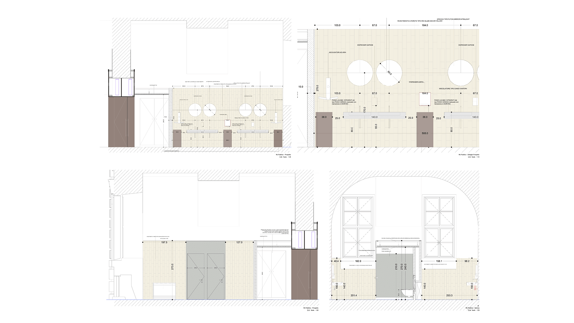 Il disegno tecnico in mostra rappresenta diverse viste e sezioni di un ambiente, probabilmente un'area di servizio o un laboratorio, con dettagli strutturali e funzionali. Ecco una breve analisi: Piani e Sezioni: Il piano superiore mostra la disposizione di diverse aree, inclusi disposti elementi come lavandini, dispenser e una sezione con dimensioni indicate per pareti e pavimento. Il disegno rivela un'attenzione ai dettagli nella disposizione e nell'accessibilità. Accessibilità e distribuzione: La presenza di porte e separazioni indicano un'area ben suddivisa. Ci sono diverse aree distinte, tra cui una con un ampio passaggio, suggerendo un ambiente che potrebbe avere bisogno di separare diverse attività (come il lavaggio o l'archiviazione). Materiali e finiture: Si nota l'uso di pavimentazioni regolari, probabilmente piastrelle, con un aspetto omogeneo per tutto l'ambiente. L'arredamento è elegante e funzionale, progettato per ottimizzare lo spazio. Funzionalità: Il design sembra ottimizzare lo spazio per l'uso pratico, con l'indicazione di superfici per lavaggio, distribuzione di oggetti, e l'uso di finestrature che permettono l'illuminazione naturale, sfruttando la luce per migliorare l'efficienza e l'estetica. Il progetto riflette una progettazione architettonica accurata con attenzione alla funzionalità e al comfort.