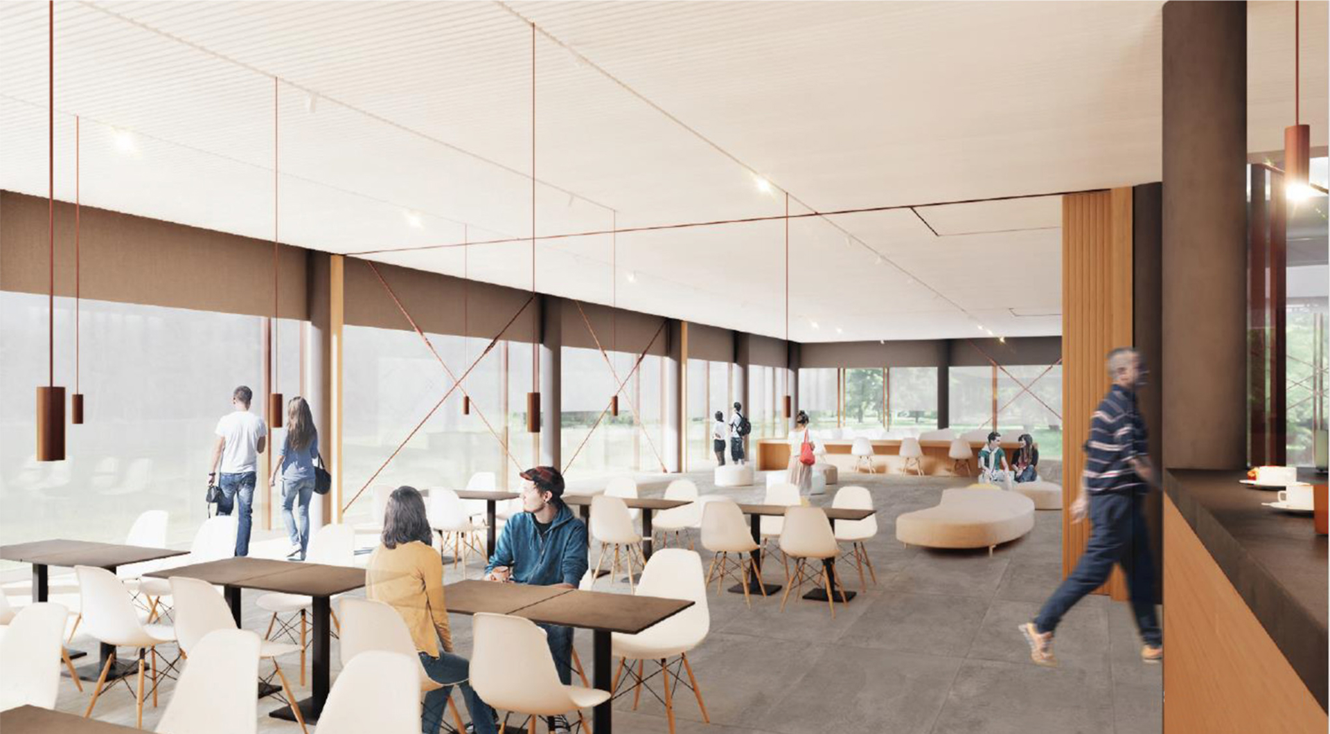 Spazio lounge moderno con grandi vetrate affacciate sul verde, tavoli e sedute bianche distribuiti nell’ambiente; alcune persone sono sedute a conversare, altre camminano, mentre sulla destra si intravede un bancone bar con un cliente di passaggio.