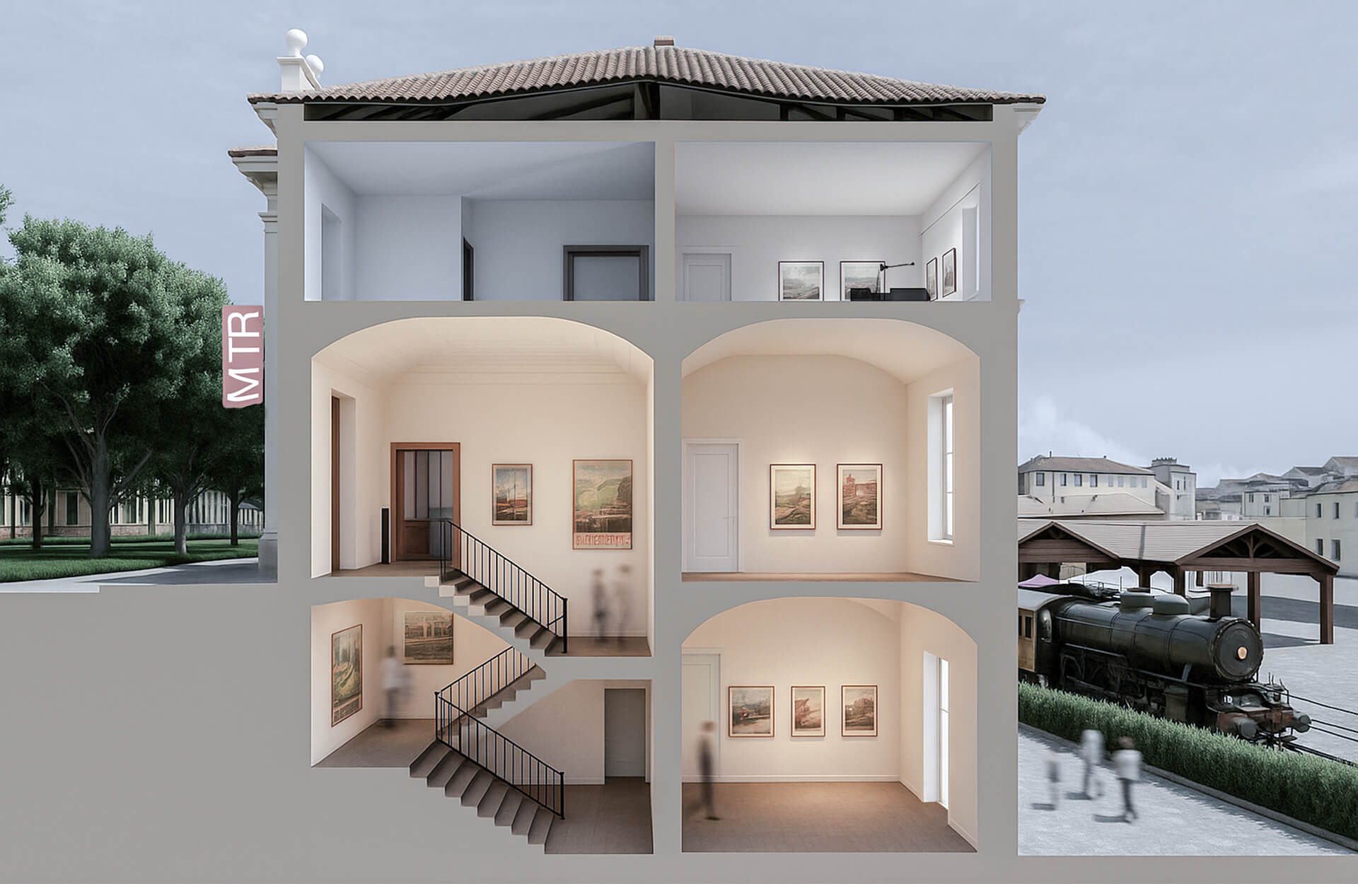  Sezione prospettica dell’edificio storico oggetto di intervento con rappresentazione del nuovo allestimento museale interno, che mostra la distribuzione verticale degli spazi e la relazione tra i diversi livelli. Il disegno, realizzato come spaccato assonometrico, evidenzia la struttura muraria esistente e l’inserimento delle nuove funzioni all’interno del volume originario, mantenendo leggibile l’impianto architettonico storico. L’edificio è articolato su più piani collegati da un sistema di scale interne, collocate in posizione centrale, che garantiscono la continuità del percorso espositivo. Gli ambienti sono rappresentati come sale museali destinate all’esposizione, con pareti attrezzate per quadri e pannelli, illuminazione diffusa e spazi liberi per la fruizione del pubblico. Il piano terreno e il primo piano ospitano gli spazi principali di mostra, mentre il livello superiore è destinato a funzioni complementari, come uffici, sale di supporto o ambienti di servizio. La sezione mette in evidenza anche la copertura a falde con struttura lignea, conservata e lasciata a vista nella parte alta dell’edificio, a sottolineare il carattere storico del manufatto. Le aperture ad arco e lo spessore murario indicano la natura originaria dell’edificio ferroviario, mentre il nuovo allestimento si inserisce in modo reversibile, senza alterare la configurazione strutturale esistente. Sul lato destro dell’immagine è rappresentato il contesto esterno con i binari e una locomotiva storica, elemento che richiama la funzione originaria del complesso e rafforza il legame tra il nuovo museo e la memoria ferroviaria del sito. L’elaborato ha quindi funzione illustrativa del progetto di riuso, mostrando come l’edificio venga trasformato in spazio espositivo mantenendo riconoscibili i caratteri architettonici storici e la relazione con l’infrastruttura ferroviaria.