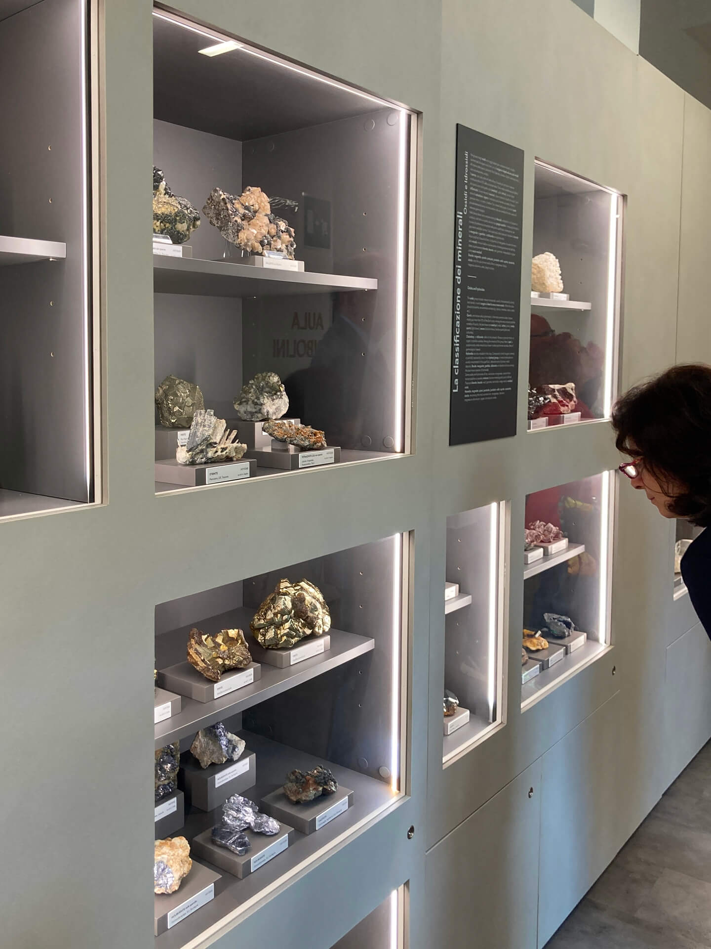 Dettaglio di parete espositiva museale attrezzata con nicchie illuminate incassate, all’interno delle quali sono presentati campioni mineralogici disposti su supporti individuali con etichette identificative. Le teche, integrate in una pannellatura continua di colore neutro, sono illuminate mediante profili luminosi perimetrali che garantiscono una luce diffusa e controllata, idonea alla corretta lettura delle caratteristiche cristallografiche, cromatiche e strutturali dei minerali esposti. I campioni sono organizzati secondo criteri di classificazione scientifica e accompagnati da pannelli informativi verticali con testi esplicativi relativi alla classificazione dei minerali, inseriti nel sistema grafico coordinato dell’allestimento. La parte inferiore della parete è costituita da sportelli complanari che nascondono vani tecnici e impianti, contribuendo alla pulizia formale dell’insieme. Nell’immagine è visibile una visitatrice mentre osserva da vicino una delle teche, elemento che evidenzia la scala dell’allestimento e la modalità di fruizione ravvicinata prevista dal progetto museografico. L’immagine documenta un allestimento museale permanente progettato come sistema modulare integrato, in cui arredi, illuminazione e apparati didattici concorrono a definire uno spazio espositivo ordinato, leggibile e funzionale alla divulgazione scientifica.