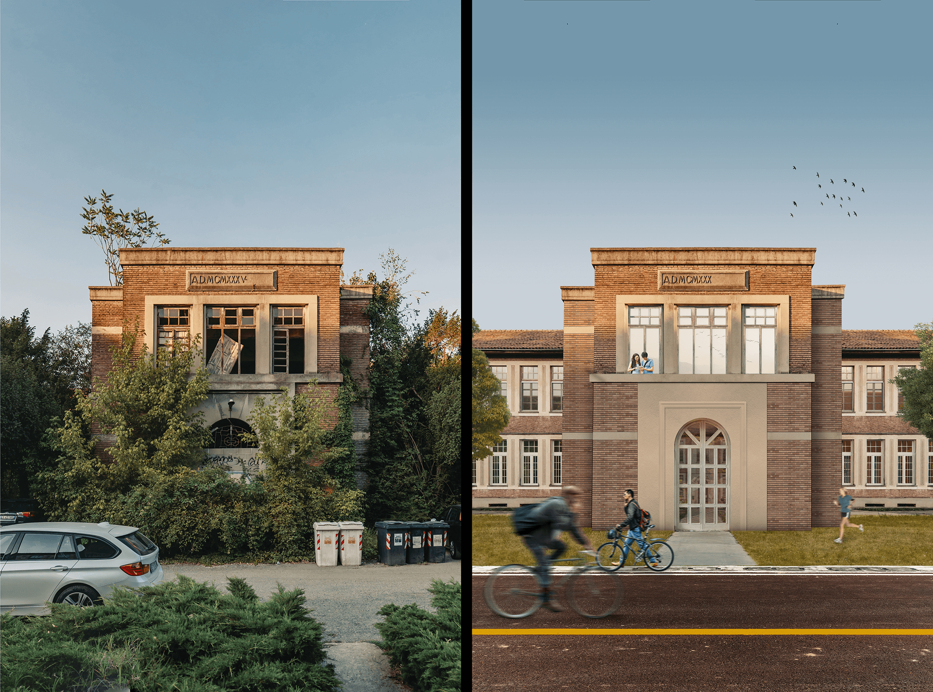 Confronto visivo tra lo stato prima e dopo l’intervento di riqualificazione di un edificio storico. A sinistra: l’edificio appare in stato di abbandono, con vegetazione che invade la facciata, finestre danneggiate e l’area esterna usata come parcheggio e deposito di cassonetti. A destra: rendering del progetto di recupero, con facciata restaurata, ingresso valorizzato, nuove superfici vetrate e uno spazio urbano riqualificato con persone e ciclisti. L’immagine evidenzia la trasformazione da struttura degradata a edificio rinnovato e reintegrato nel contesto urbano.