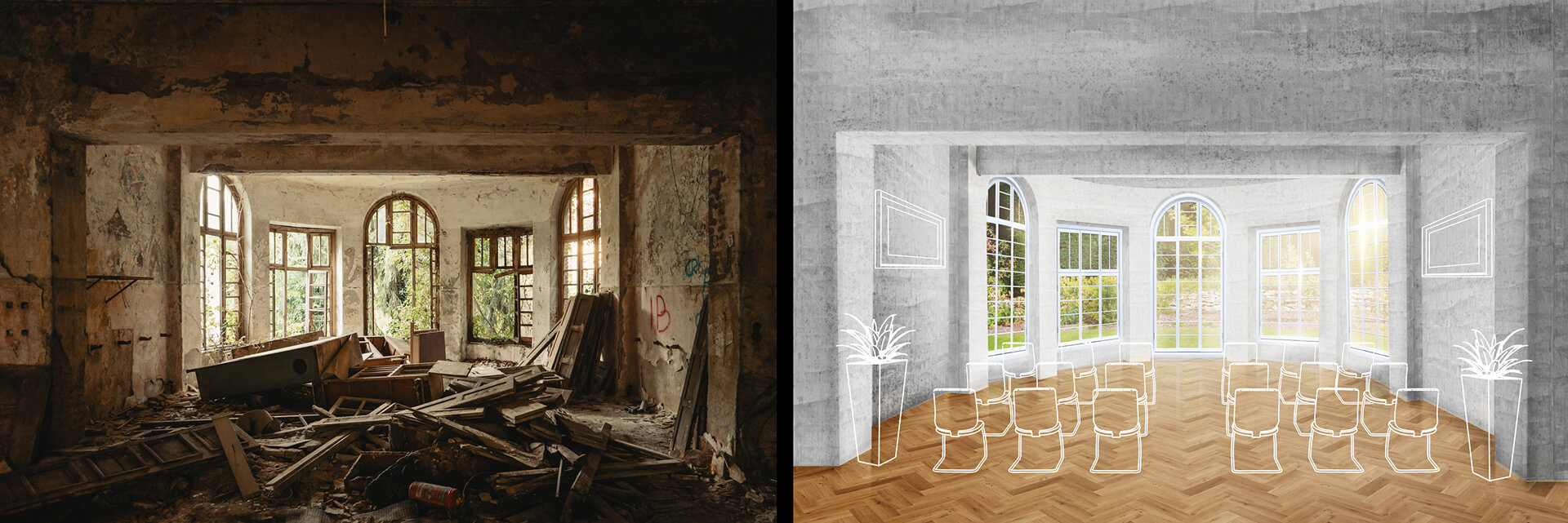 Questa immagine mostra il prima e dopo di un intervento di restauro: A sinistra: lo stato originale della stanza, in cui si vede l'edificio in abbandono, con muri danneggiati, finestre rotte e materiali di scarto sparsi nel pavimento. La vegetazione sta invadendo gli spazi interni attraverso le finestre rotte. A destra: una visualizzazione progettata del restauro. La stanza è completamente rinnovata, con nuovi pavimenti in legno, finestre restaurate e arredamenti moderni, come piante e sedie. Il restauro è accompagnato da una luce naturale che illumina l’ambiente. Questa rappresentazione illustra il processo di trasformazione da un ambiente in rovina a uno spazio funzionale e rinnovato.