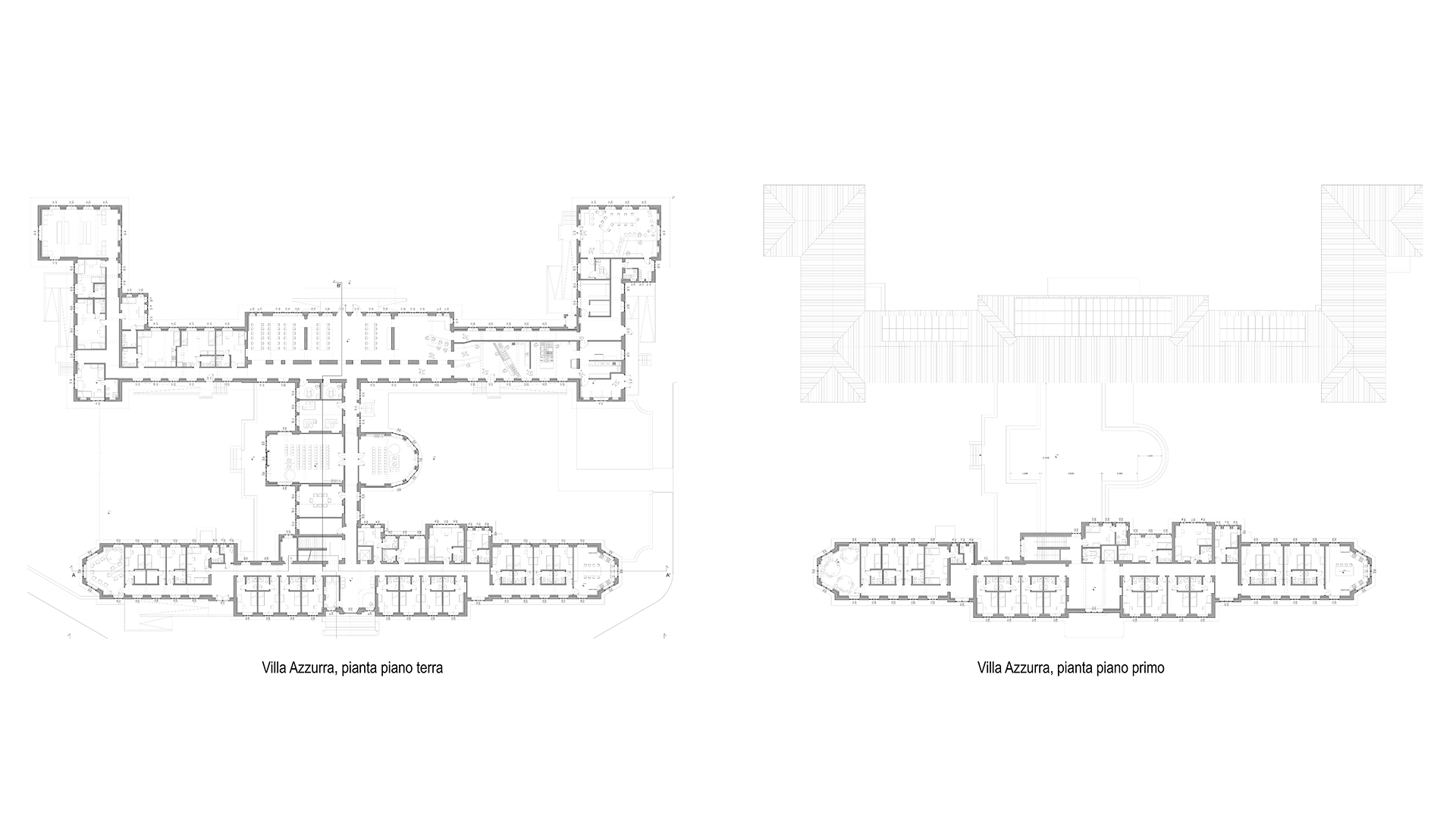 Questa immagine mostra le piante del piano di Villa Azzurra: A sinistra: La pianta del piano terra di Villa Azzurra, che mostra la disposizione delle stanze, dei corridoi e degli spazi al piano inferiore dell'edificio. La pianta include spazi dettagliati come la sala da pranzo e le varie stanze, collegate da corridoi. A destra: La pianta del primo piano, che indica la disposizione del piano superiore, che riprende la disposizione del piano terra, con stanze e corridoi disposti in modo simile. Entrambe le piante forniscono una visione dettagliata della struttura dell'edificio, delineando gli spazi funzionali sui diversi piani.