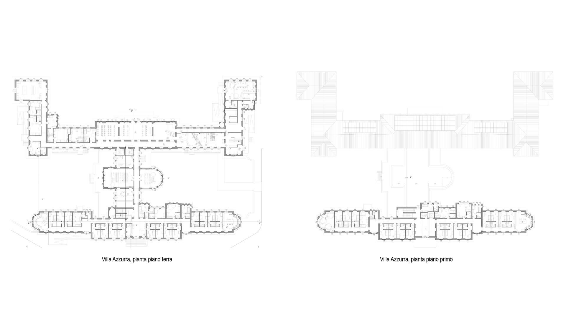 Questa immagine mostra le piante del piano di Villa Azzurra: A sinistra: La pianta del piano terra di Villa Azzurra, che mostra la disposizione delle stanze, dei corridoi e degli spazi al piano inferiore dell'edificio. La pianta include spazi dettagliati come la sala da pranzo e le varie stanze, collegate da corridoi. A destra: La pianta del primo piano, che indica la disposizione del piano superiore, che riprende la disposizione del piano terra, con stanze e corridoi disposti in modo simile. Entrambe le piante forniscono una visione dettagliata della struttura dell'edificio, delineando gli spazi funzionali sui diversi piani.