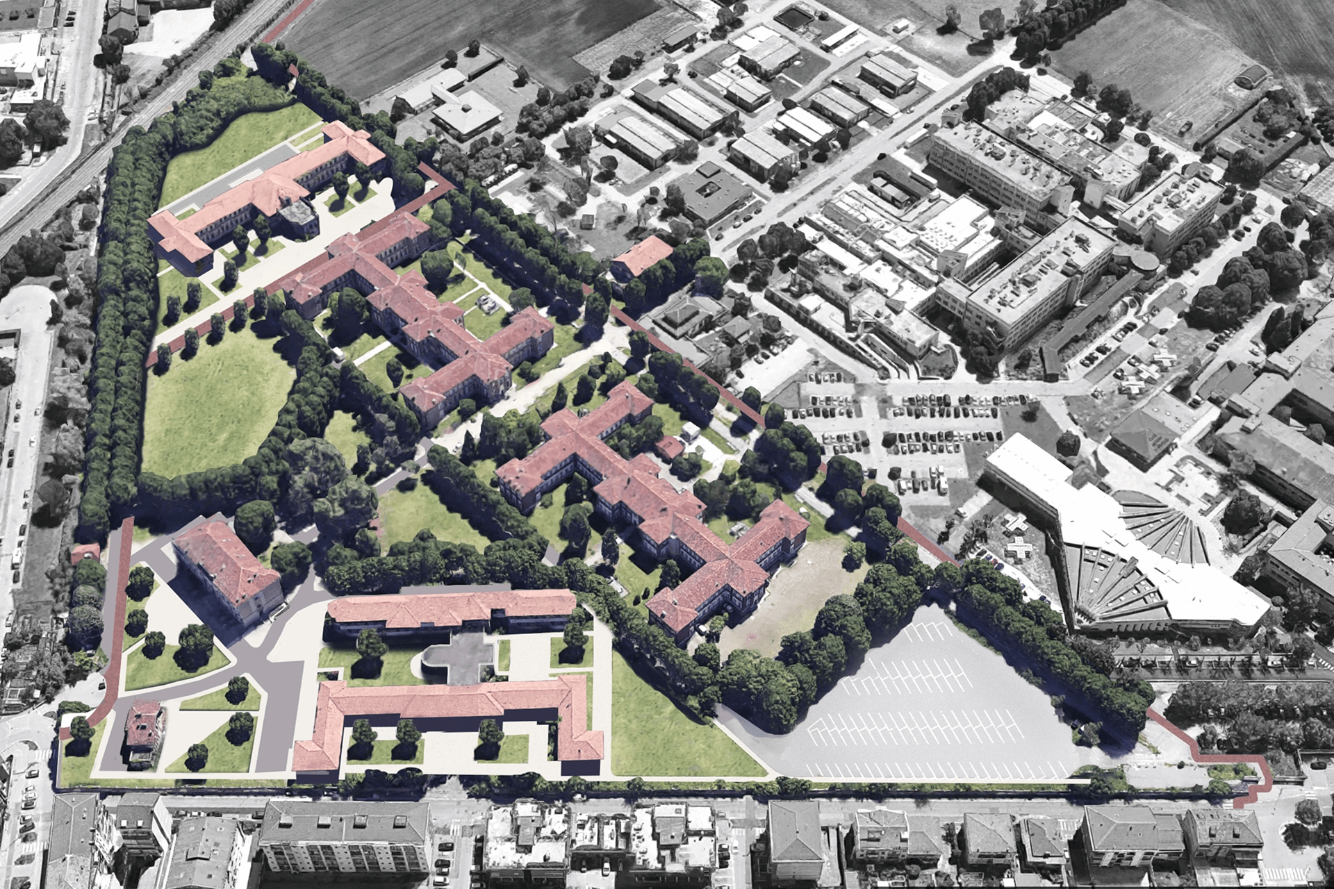 L'immagine mostra una vista aerea di un ampio complesso architettonico, che sembra essere un ex stabilimento industriale o una zona residenziale. Il sito è composto da diverse costruzioni adiacenti disposte in modo regolare, circondate da ampi spazi verdi e aree asfaltate. La parte centrale del complesso è caratterizzata da un grande cortile verde, mentre intorno ad esso ci sono edifici che seguono una disposizione simmetrica. In primo piano, a sinistra, è visibile una zona con parcheggi e una strada che collega l'area al resto della città. A destra, si può osservare un grande parcheggio, probabilmente per il personale o i visitatori del complesso, che è ben organizzato in strisce bianche. Sul lato inferiore dell'immagine sono visibili altri edifici a bassa altezza, probabilmente residenziali o commerciali, che contrastano con la struttura più alta e imponente del centro. La vegetazione che circonda gli edifici suggerisce un'attenzione al paesaggio e alla sostenibilità, con alberi disposti in modo ordinato lungo i percorsi pedonali e le vie di accesso. Il complesso sembra essere in una fase di ristrutturazione o trasformazione, con una chiara separazione tra le vecchie strutture e le aree più moderne.