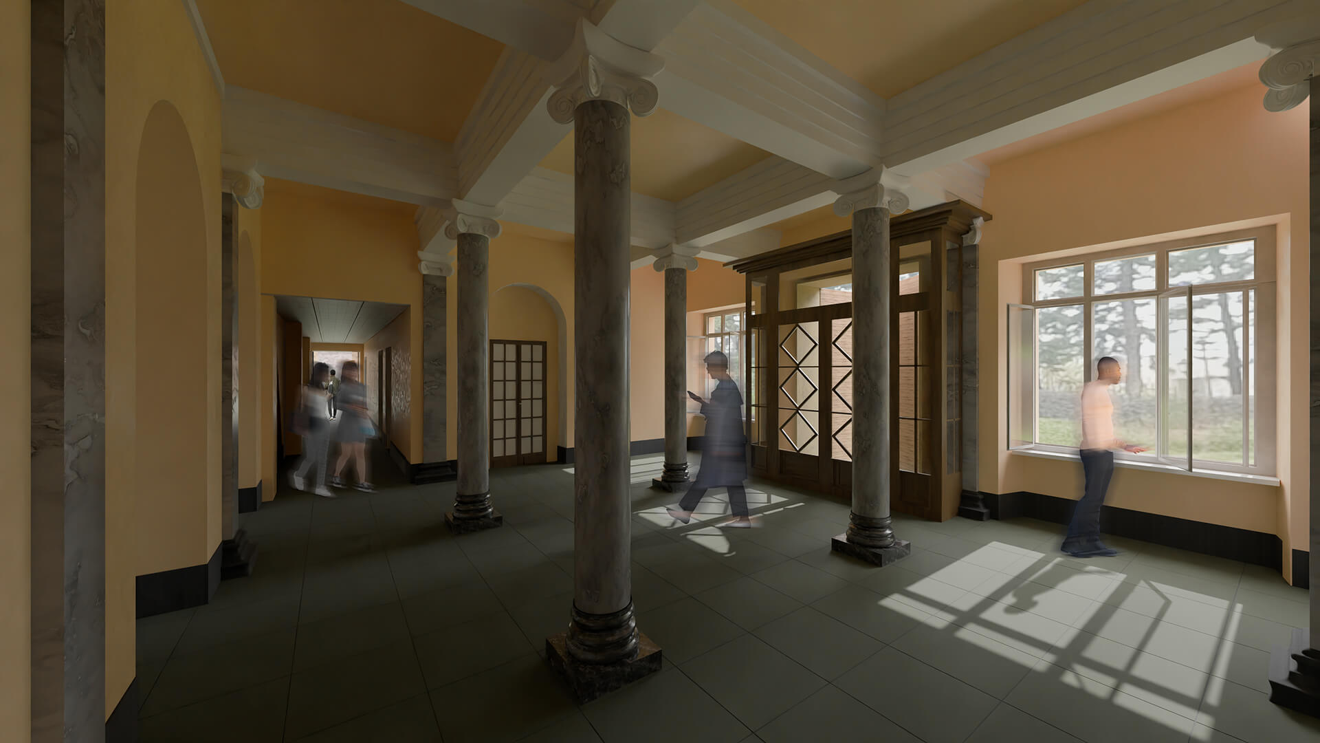 L'immagine mostra un ampio ingresso o un corridoio luminoso di un edificio con uno stile architettonico classico. Le colonne in stile dorico, dai toni marmorei, incorniciano lo spazio, che è illuminato dalla luce naturale che entra attraverso ampie finestre. La stanza presenta un pavimento in piastrelle grigie, e le pareti sono dipinte di un caldo colore arancione che aggiunge un'atmosfera accogliente. Diverse persone camminano o interagiscono con l'ambiente, alcune in movimento come ombre sfocate, mentre una si affaccia alla finestra. La scena trasmette un'idea di modernità integrata con l'architettura storica.