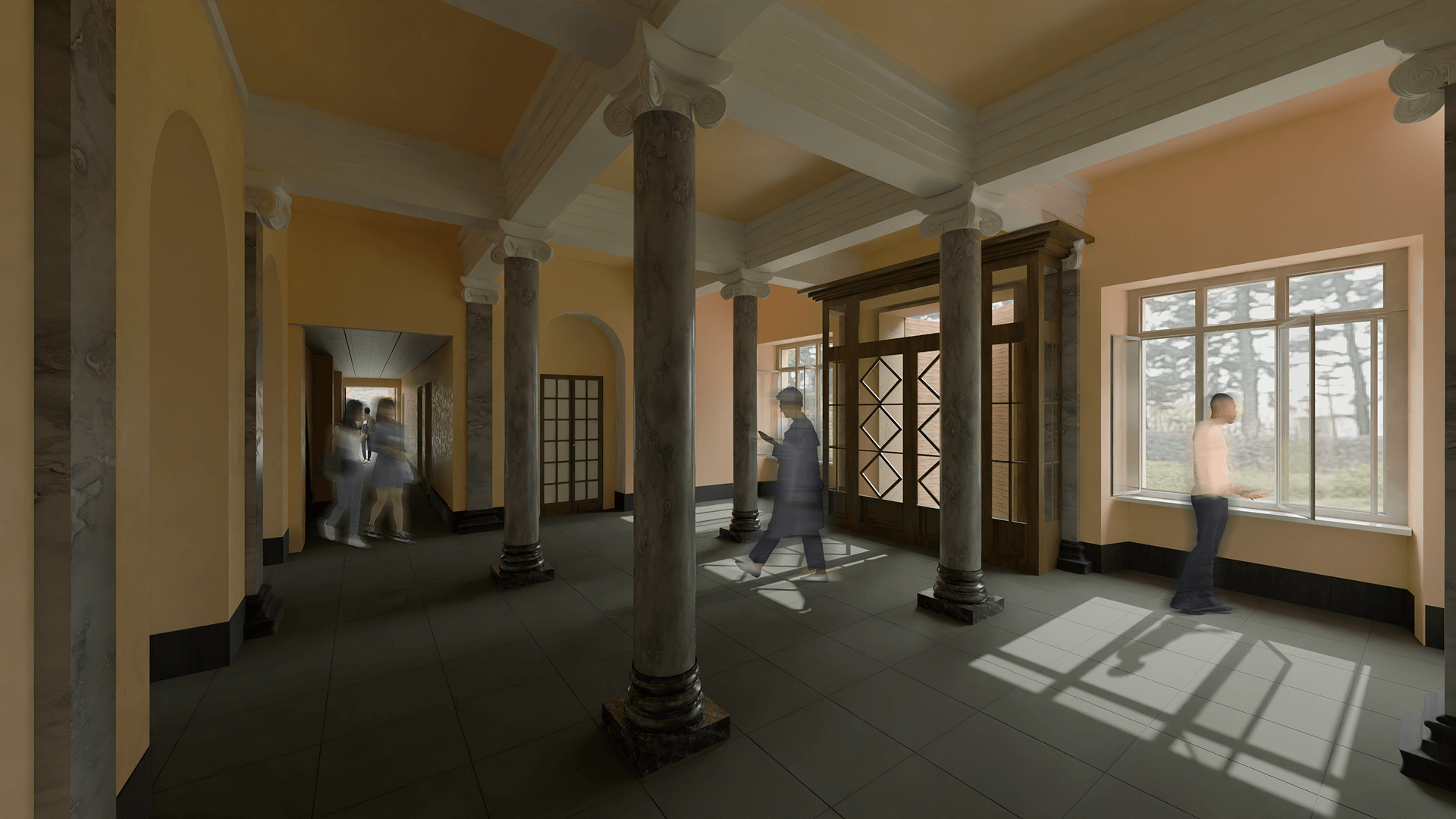 L'immagine mostra un ampio ingresso o un corridoio luminoso di un edificio con uno stile architettonico classico. Le colonne in stile dorico, dai toni marmorei, incorniciano lo spazio, che è illuminato dalla luce naturale che entra attraverso ampie finestre. La stanza presenta un pavimento in piastrelle grigie, e le pareti sono dipinte di un caldo colore arancione che aggiunge un'atmosfera accogliente. Diverse persone camminano o interagiscono con l'ambiente, alcune in movimento come ombre sfocate, mentre una si affaccia alla finestra. La scena trasmette un'idea di modernità integrata con l'architettura storica.