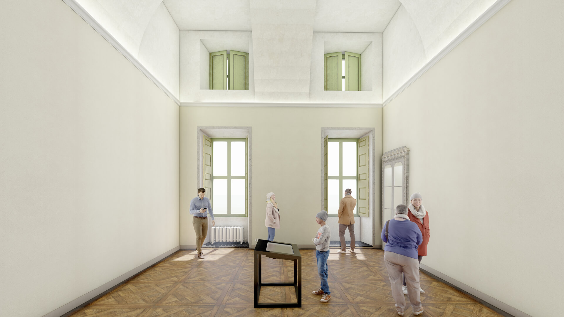 Sala interna restaurata con copertura voltata e pareti intonacate, caratterizzata da grandi finestre con scuri lignei e cornici in pietra che illuminano lo spazio con luce naturale. Il pavimento in parquet con disegno geometrico evidenzia il carattere storico dell’ambiente, mentre le superfici neutre e l’assenza di arredi permanenti suggeriscono l’uso come spazio espositivo. Al centro è collocato un supporto informativo per la consultazione, mentre la presenza di visitatori indica la nuova destinazione pubblica dell’ambiente, risultato di un intervento di riqualificazione che mantiene gli elementi architettonici originari integrandoli con allestimenti contemporanei.