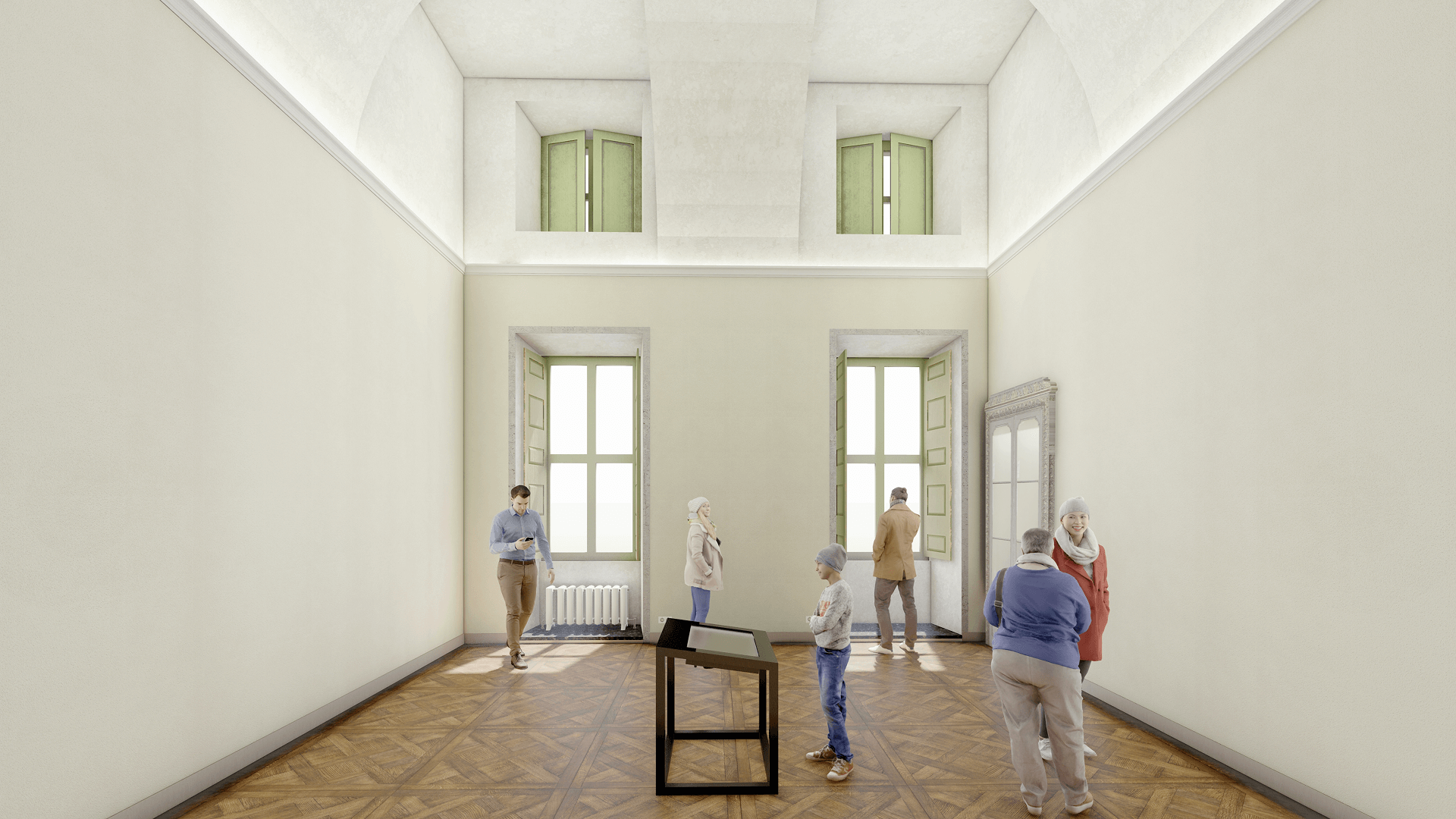 Sala espositiva con pavimento in parquet, grandi finestre con persiane verdi e visitatori che osservano un supporto informativo al centro.