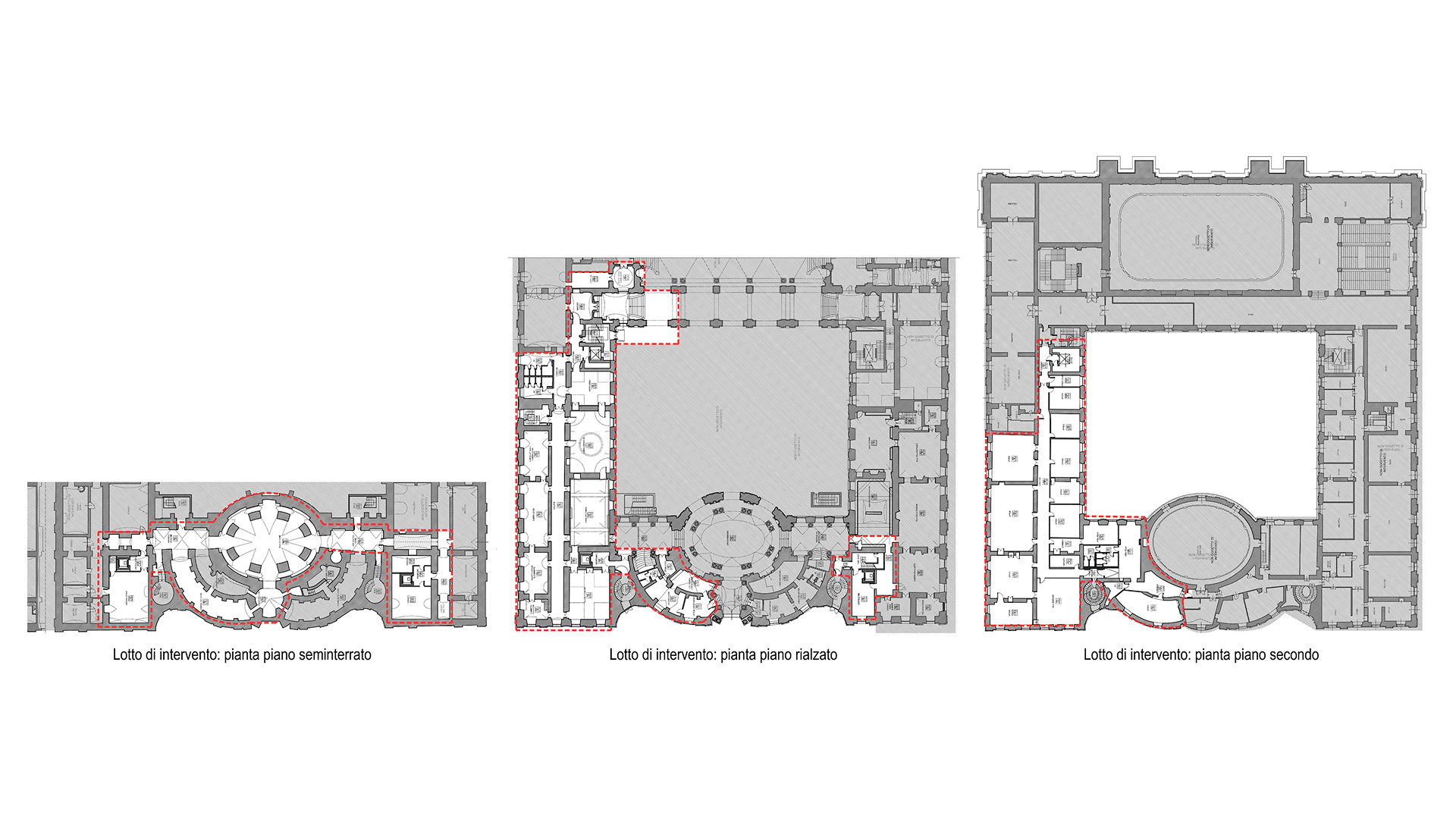 Schema planimetrico che mostra i lotti di intervento evidenziati in rosso nei piani seminterrato, rialzato e secondo di un complesso architettonico.