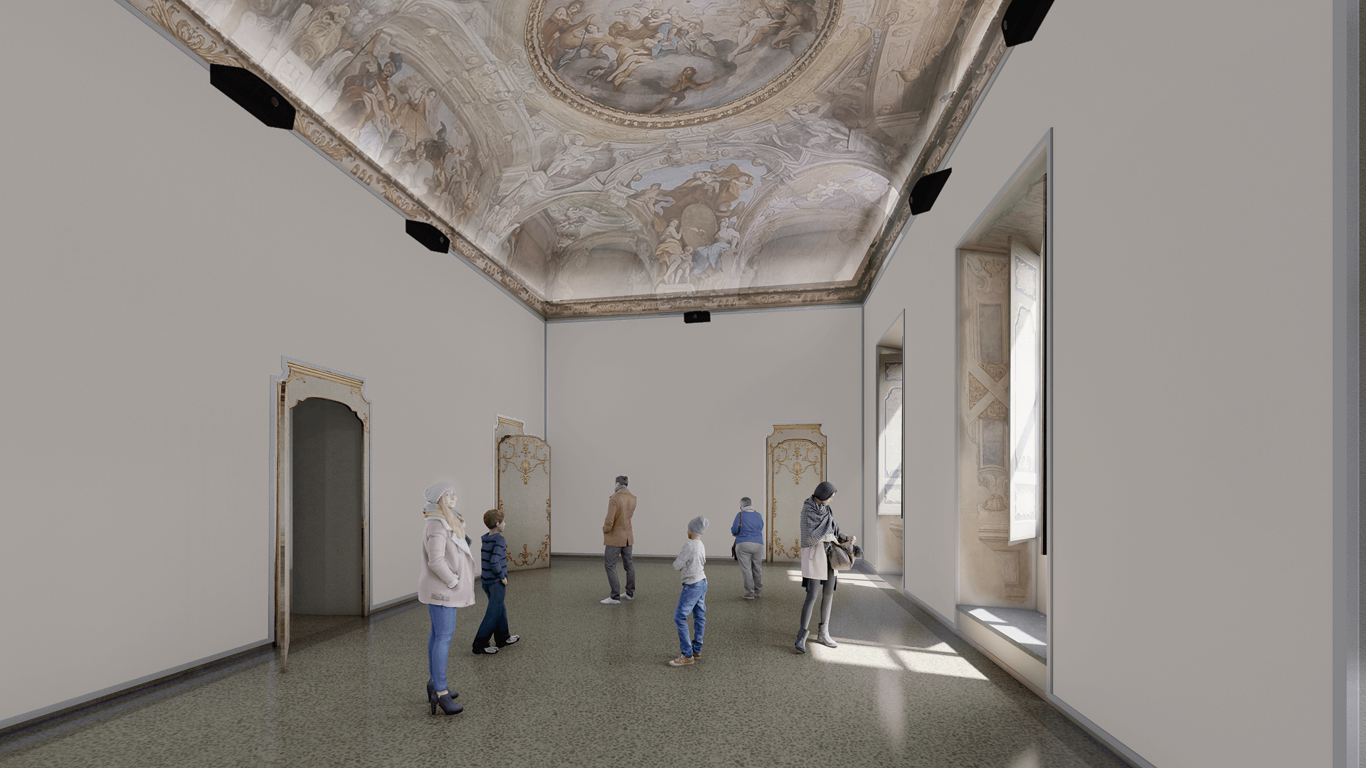 Grande sala museale con soffitto affrescato e visitatori che osservano lo spazio espositivo.
