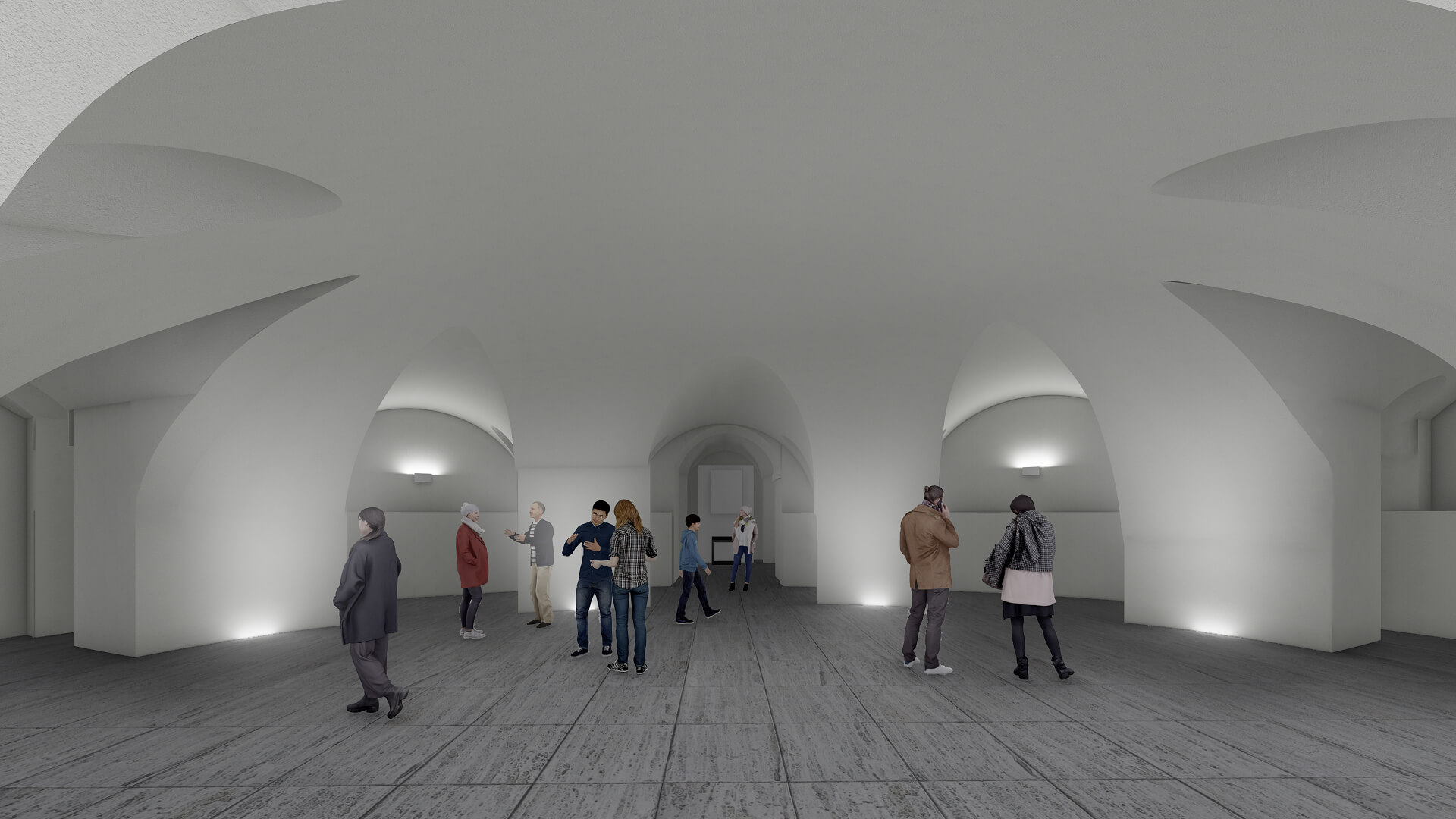 Ambiente interno voltato con coperture a crociera intonacate impostate su pilastri centrali, caratterizzato da geometria regolare e superfici uniformi restaurate. Lo spazio, lasciato volutamente essenziale con pavimentazione continua e illuminazione radente integrata alla base delle pareti, è allestito per uso espositivo o pubblico, con persone distribuite nell’ambiente che ne suggeriscono la scala e la fruizione. L’intervento di riqualificazione valorizza la struttura storica attraverso finiture neutre e impianti discreti, evidenziando la scansione delle campate e il dialogo tra architettura originaria e nuovo utilizzo contemporaneo.