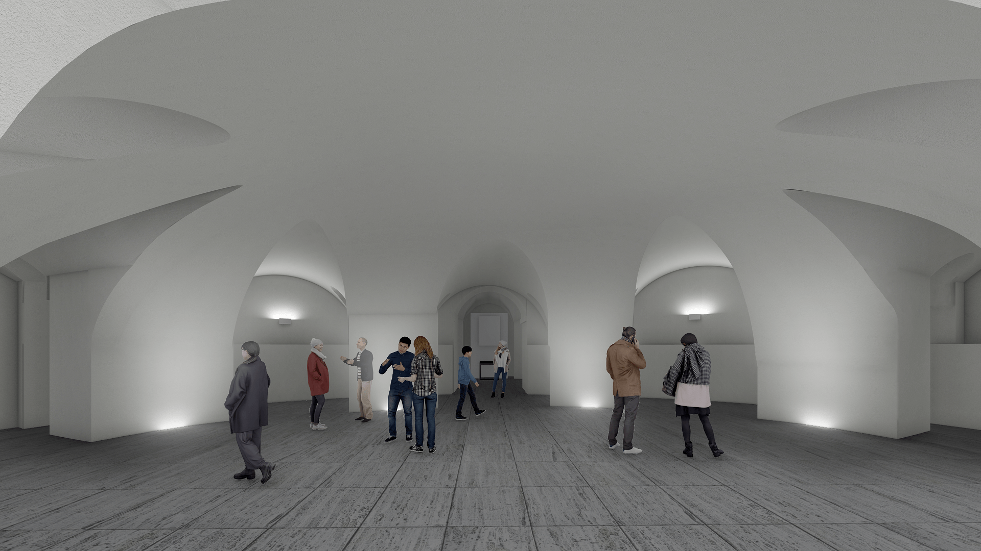 Ambiente con volte bianche e archi strutturali, utilizzato come spazio espositivo o per eventi, con visitatori distribuiti nella sala.