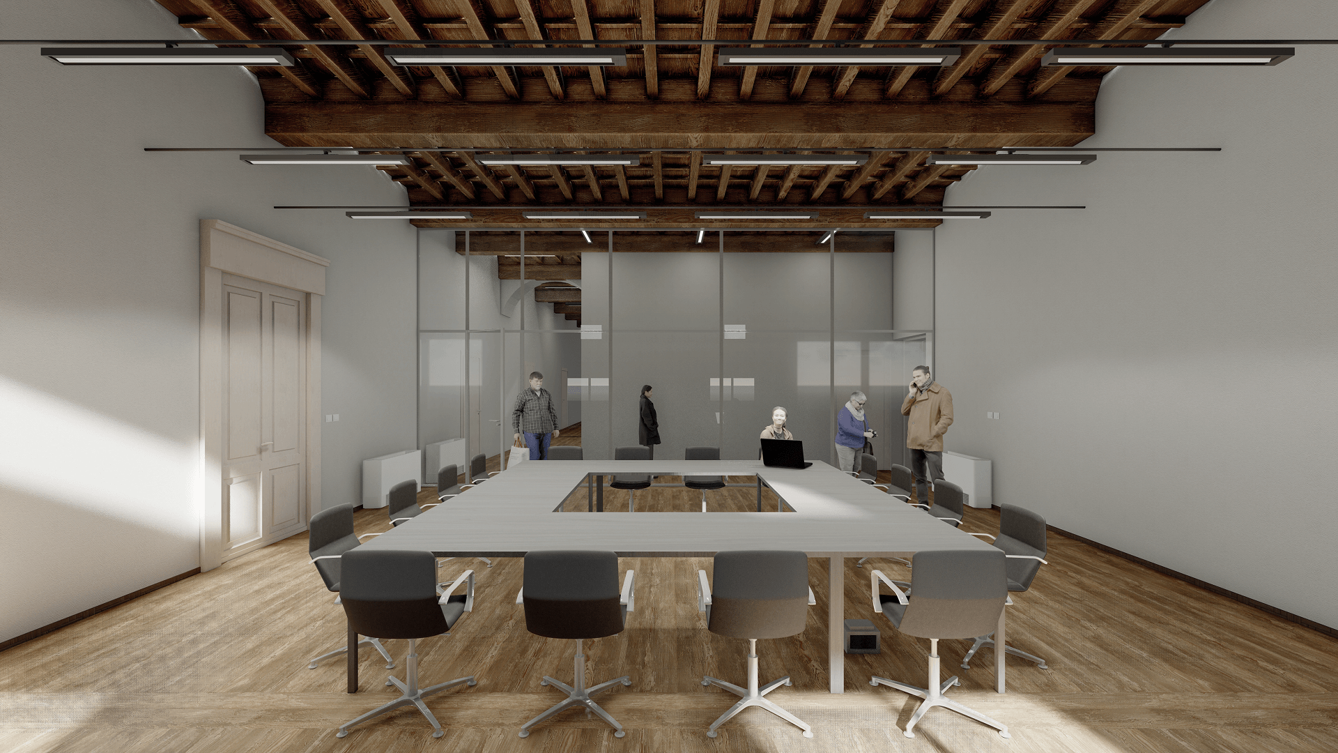 Sala riunioni con grande tavolo centrale, sedute attorno, soffitto con travi in legno e parete vetrata sul fondo.