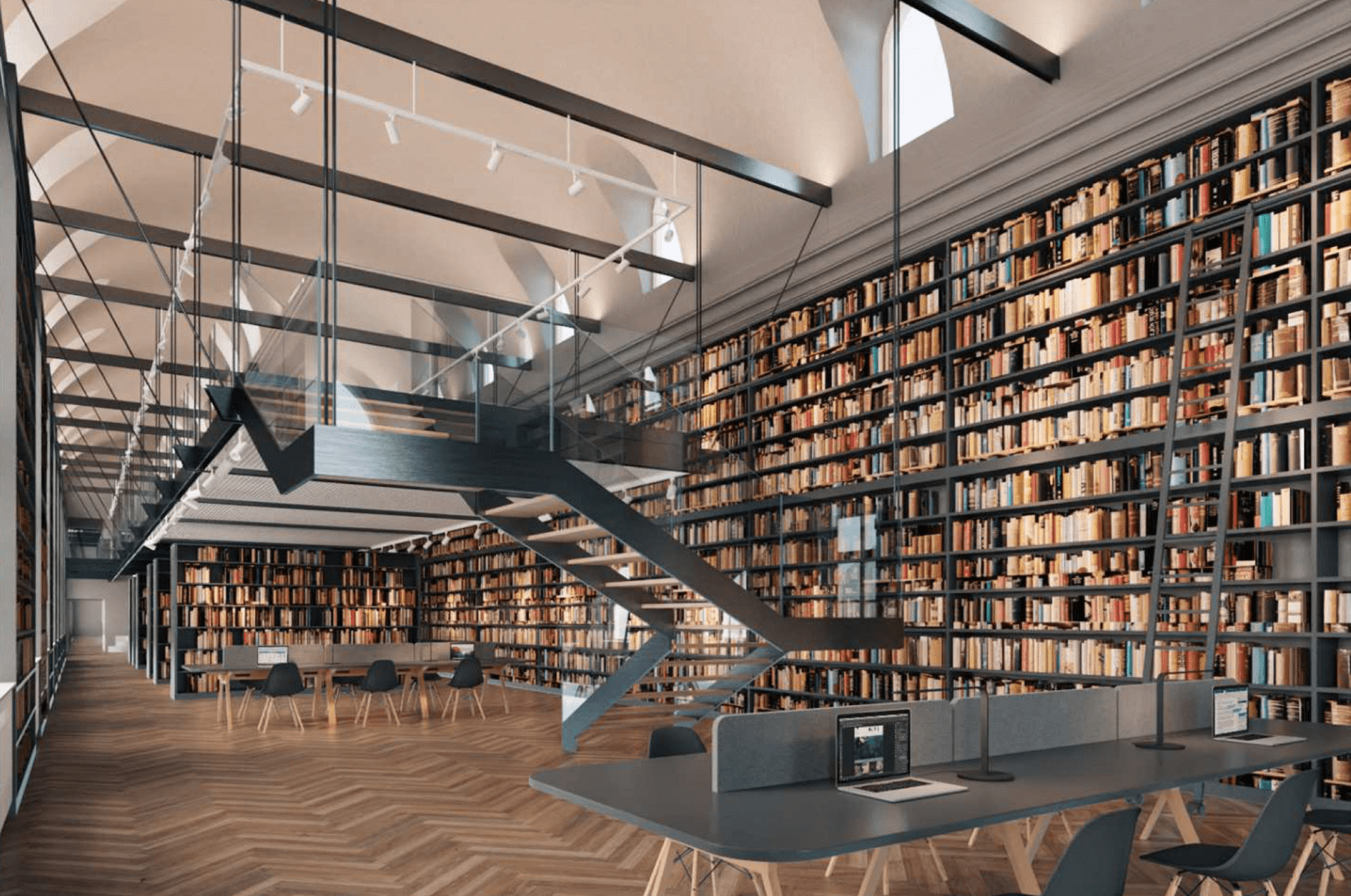 Rendering di una grande biblioteca con scaffali a tutta altezza pieni di libri, tavoli di lettura con computer e una scala sospesa che conduce a una passerella superiore.