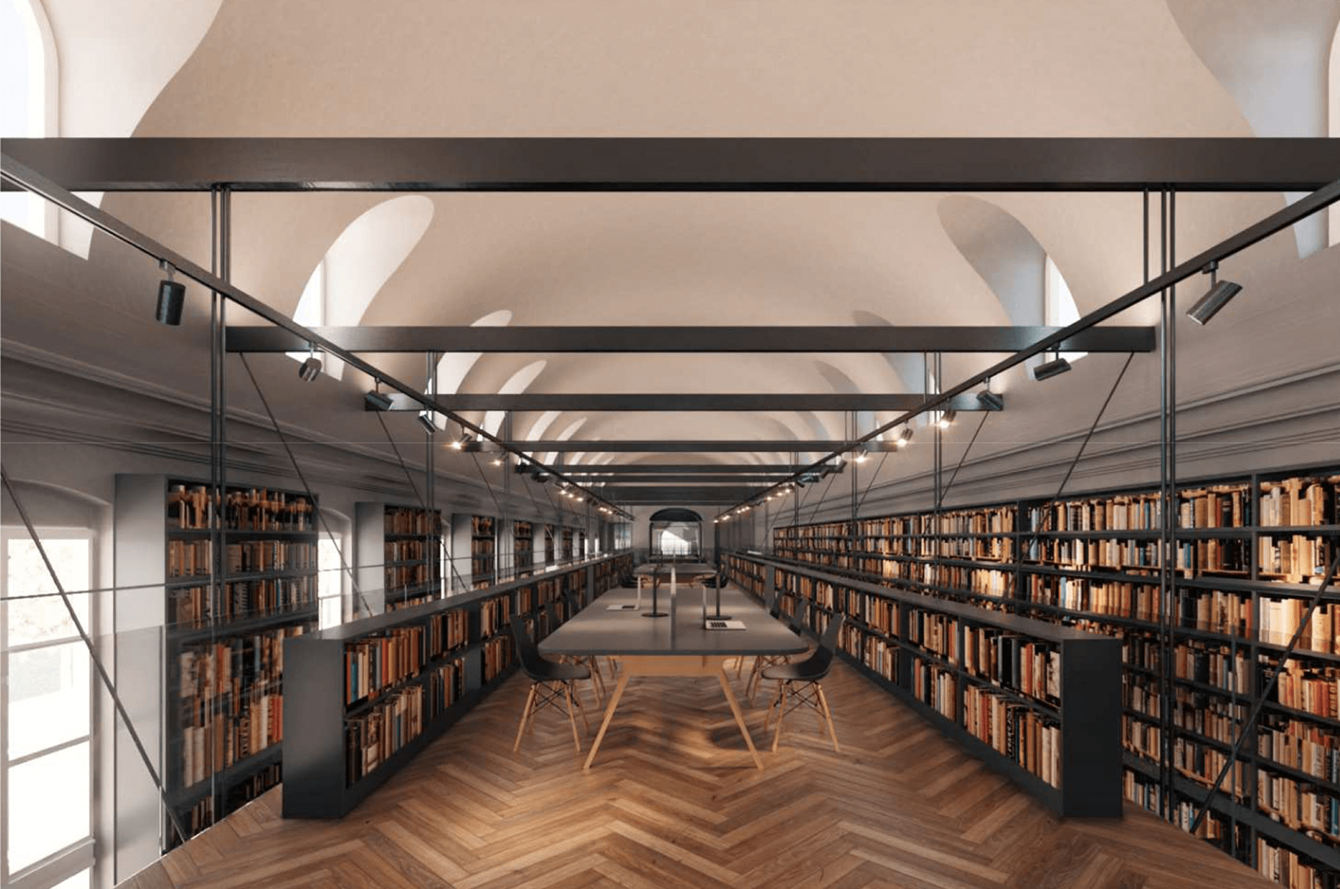 Rendering di una sala di lettura con tavolo centrale e computer, circondata da scaffali pieni di libri lungo entrambi i lati sotto un soffitto a volta illuminato da luci sospese.